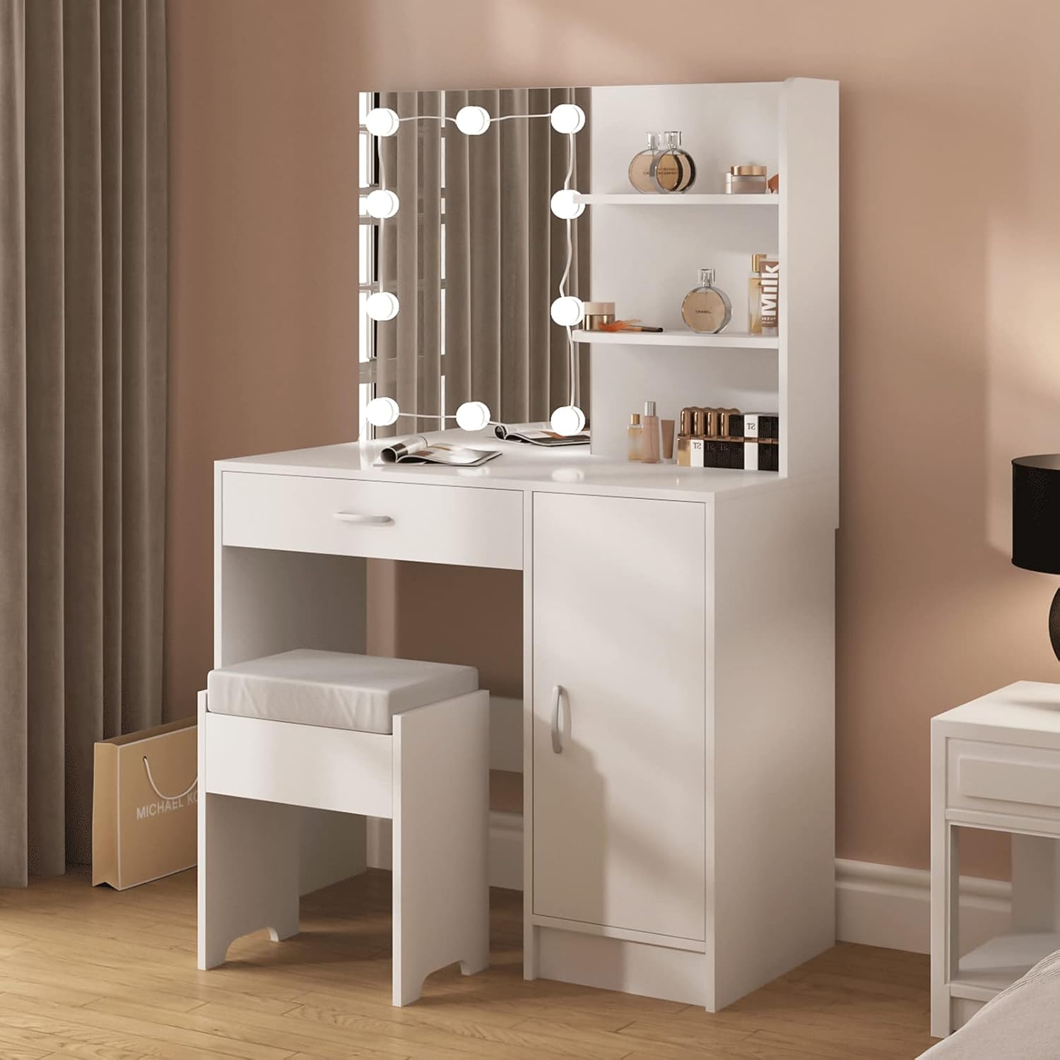 Makeup Vanity with Lights, Vanity Desk with Mirror and Lights Set, Large Drawer and Two-Tier Lots Storage Cabinet Dresser, 3 Lighting Modes Adjustable Brightness, Makeup Table for Bedroom, White : Home & Kitchen