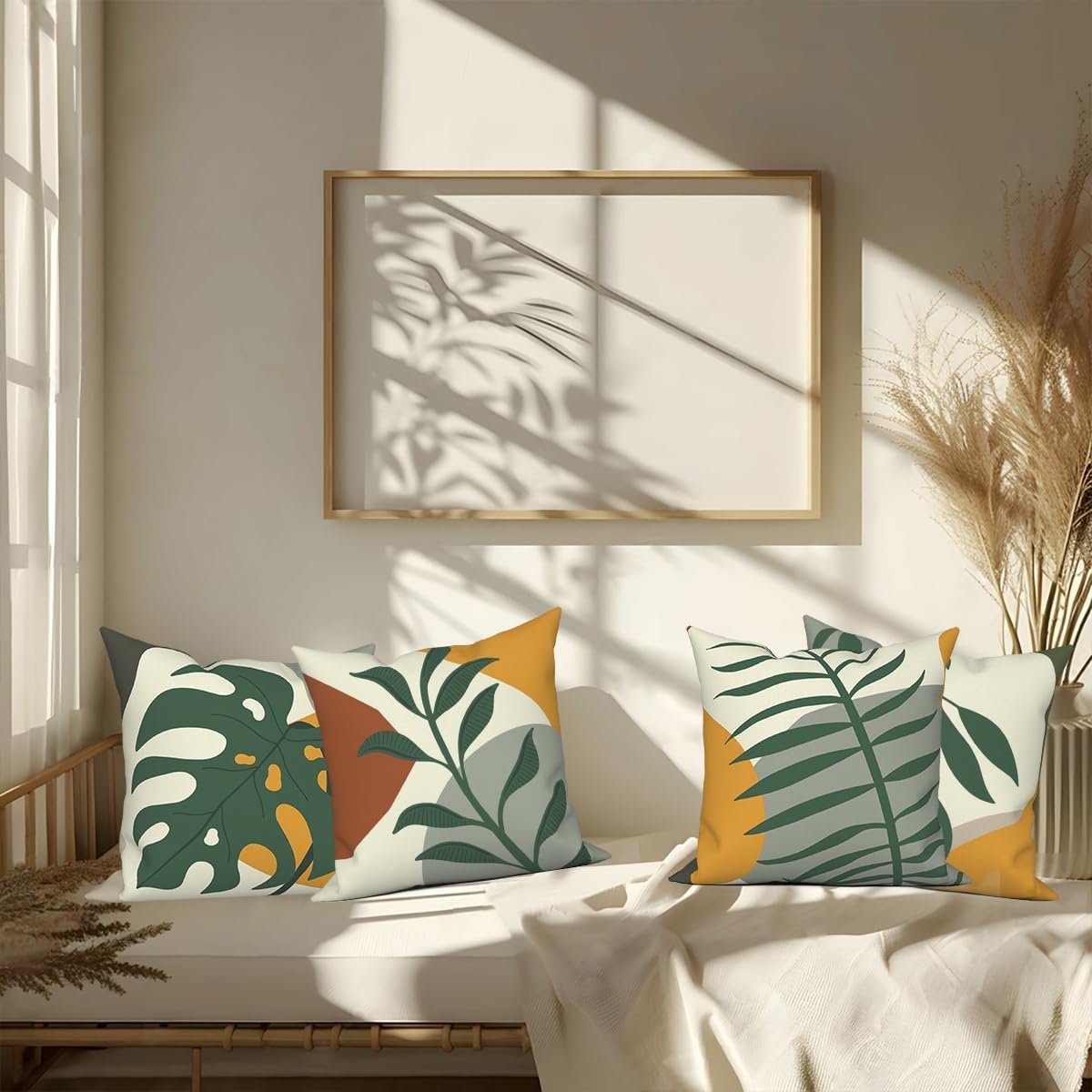 4 Pcs/Set Tropical Leaves Throw Pillow Covers Green Sage Palm Leaf Boho Plants Mid Century Modern Abstract Geometric Outdoor Pillow Covers for Sofa Couch Farmhouse Decor, 18"x18"