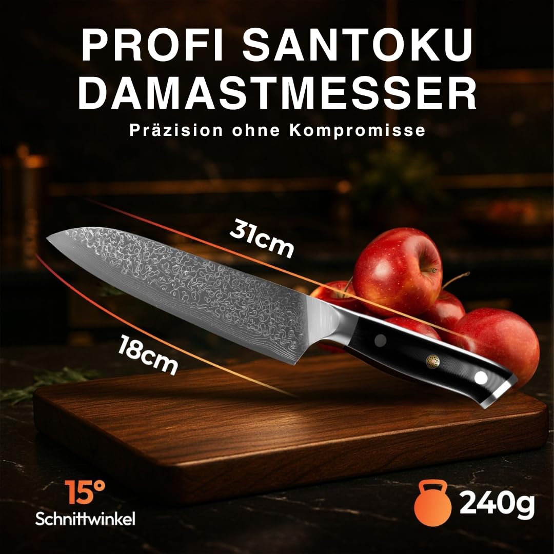 Santoku Damastmesser 18cm,Profi Kochmesser aus 67 Lagen VG10 Stahl | Handgeschmiedete Klinge, Echte Damastmusterung, G-10 Griff, Japanisches Kochmesser Extrem Scharf, Test "SEHR GUT"