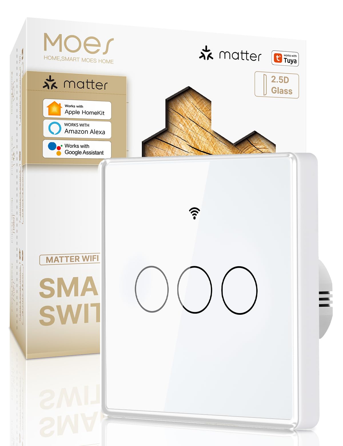 MOES Matter Smart Light Switch, Upgraded Thicker 2.5D Curved Glass Panel, WiFi Touch Switch, Neutral Wire Required, Compatible with Apple Home/Alexa/Google, 2-Way Multi-Control Association, 3 Gang — image 1