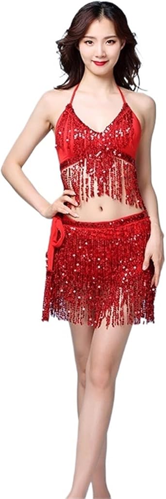 Belly Dance Top Bra Belt Set Latin Sequin Fringe Halter Hip Skirt Party Costume 4 Layer Tassel Stage Performance Cloth Wear For Dance and PerformanceRed