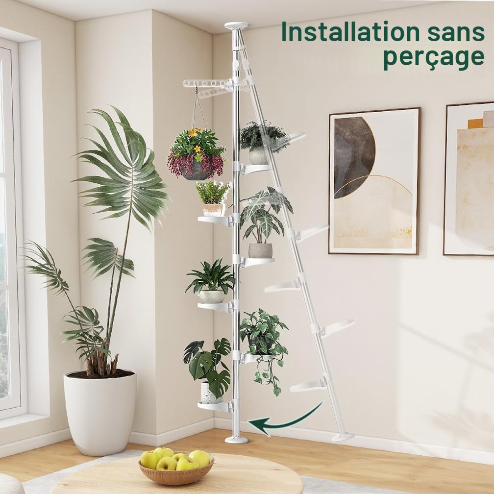 Hershii Pied de tension à 7 couches pour plantes - Décoration d'intérieur - Support de pot de fleurs en métal - Support de présentation du sol au plafond - Économie d'espace - Ivoire