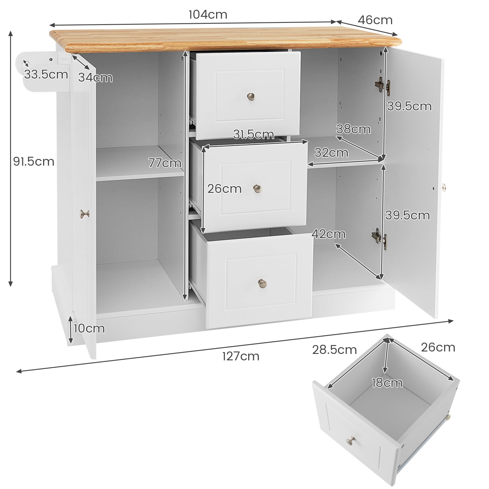 KOMFOTTEU Carrello da Cucina in Legno di Quercia con 2 Armadi e 3 Cassetti, Credenza con 5 Rotelle e Cerniere in Metallo, Isola da Cucina per Soggiorno e Sala da Pranzo