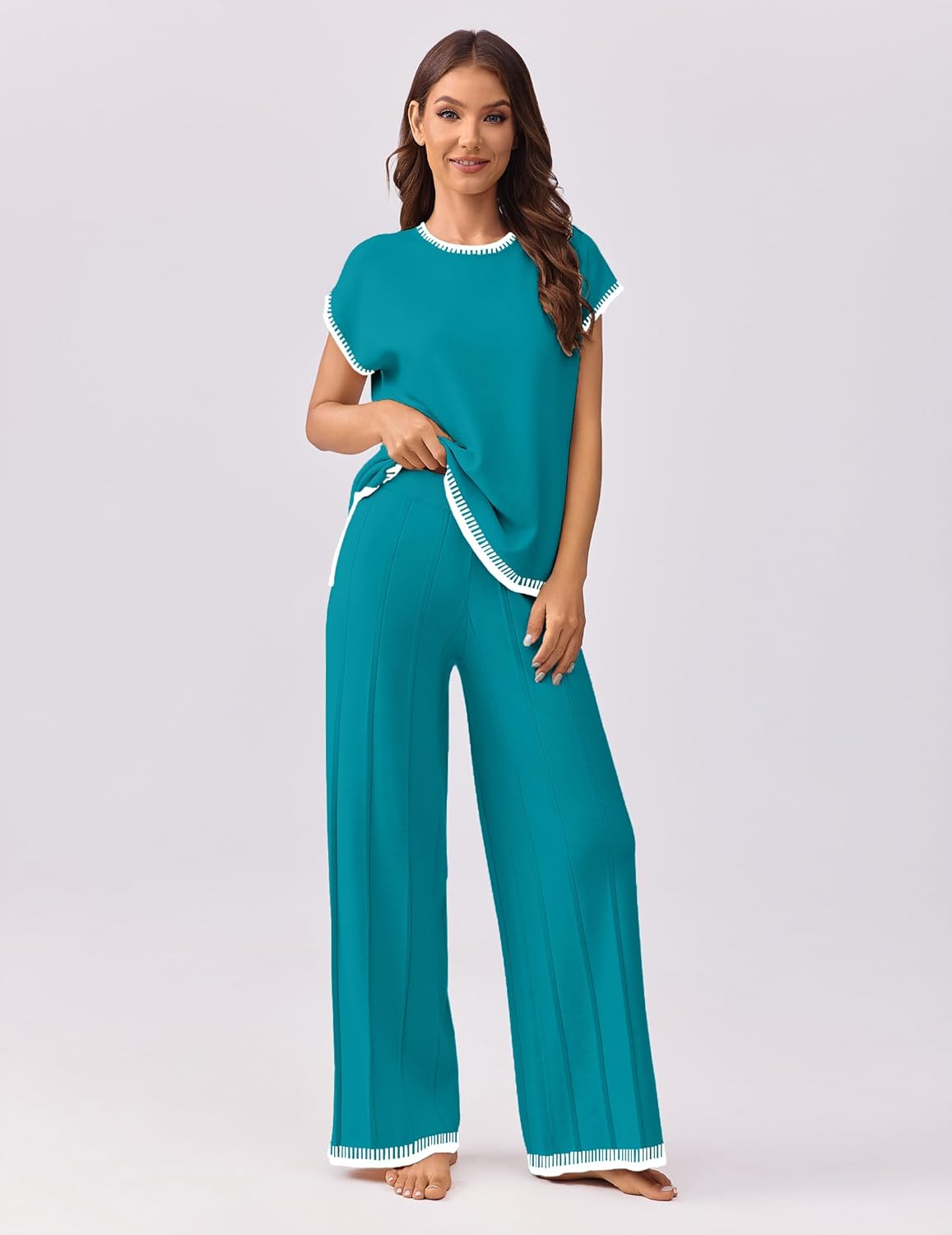 Ekouaer Womens Matching Sets Knit Sweater Sets 2 Pieces Outfits Pullover Tops Wide Legs Pants Lounge Set - Image 4