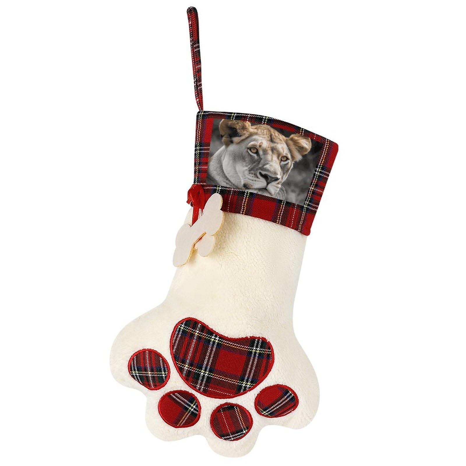 Lioness Dog Paw Christmas Stocking for Pet Lovers 17" Faux Sherpa Pet Stocking with Red Black Buffalo Plaid Bone Accent Xmas Holiday Decor for Tree Fireplace Party Ornament