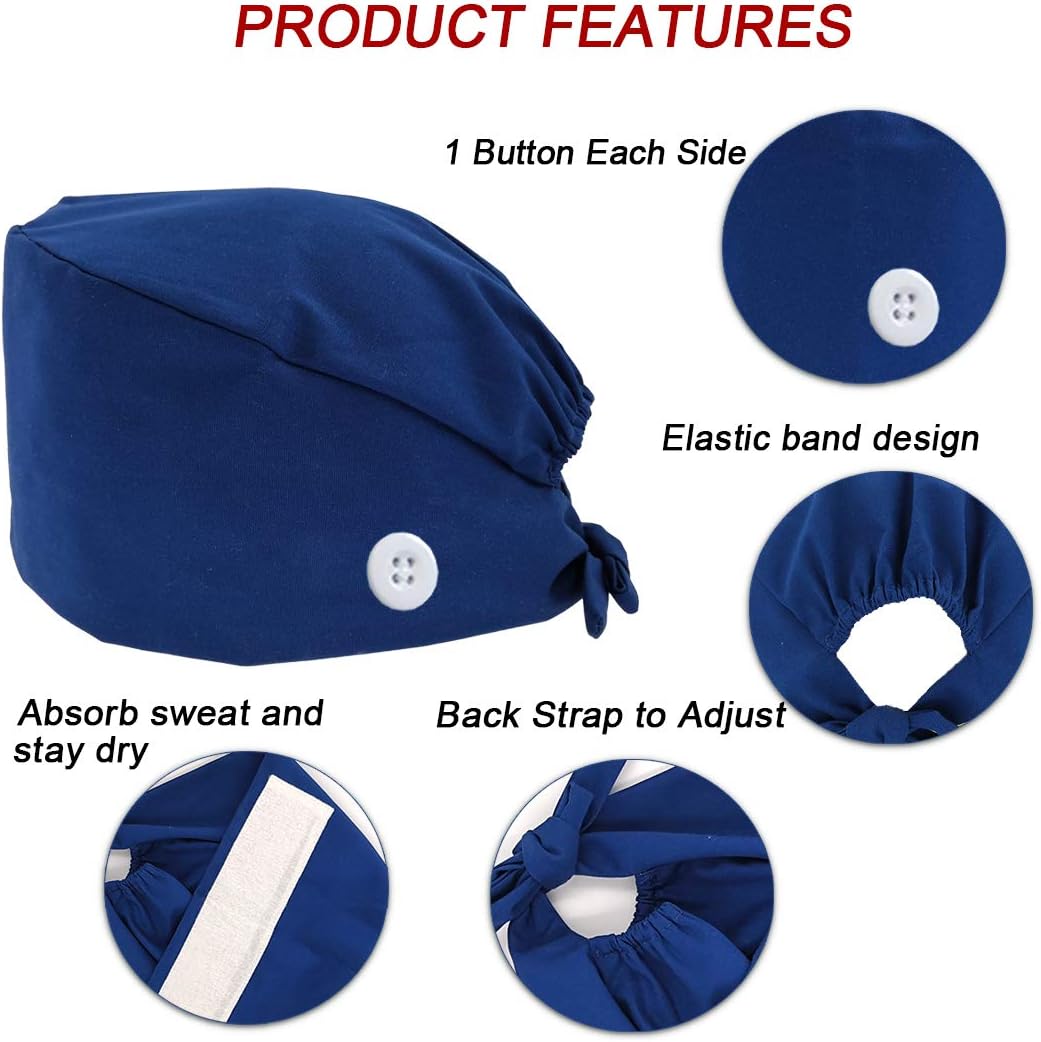 3pcs Solid Surgical Scrub Cap Medical Nurse Doctor Cap Surgeons Cap with Sweatband & Botton for Womens & Mens