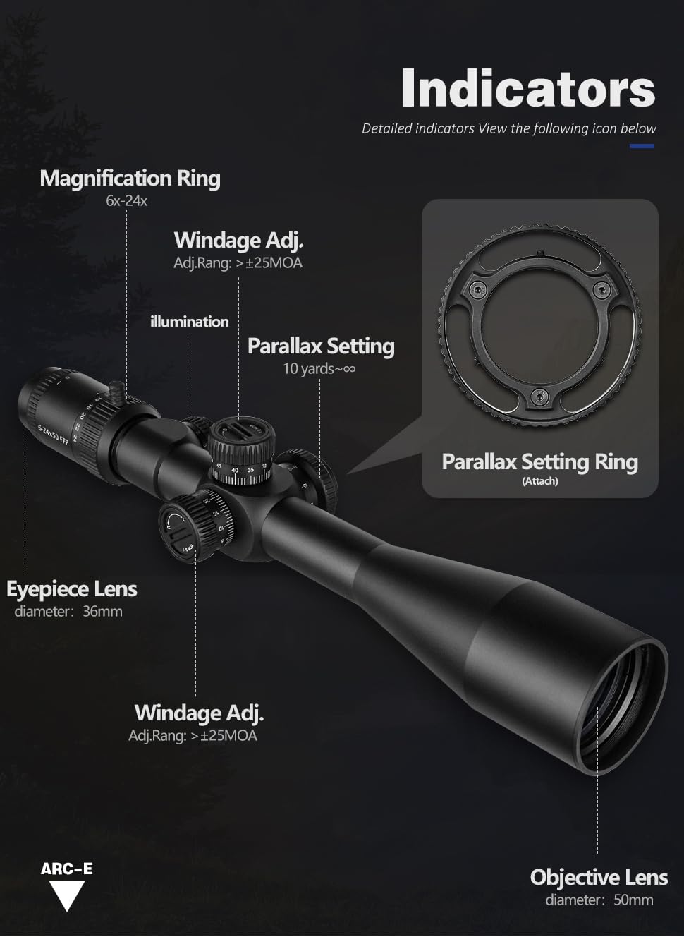 SPINA OPTICS 6-24x50 FFP First Focal Plane Riflescopes with Mil-dot Reticle and Parallax Adjustment, Sunshade Included, Waterproof, Fogproof Black Rifle Scope, 30mm Tube
