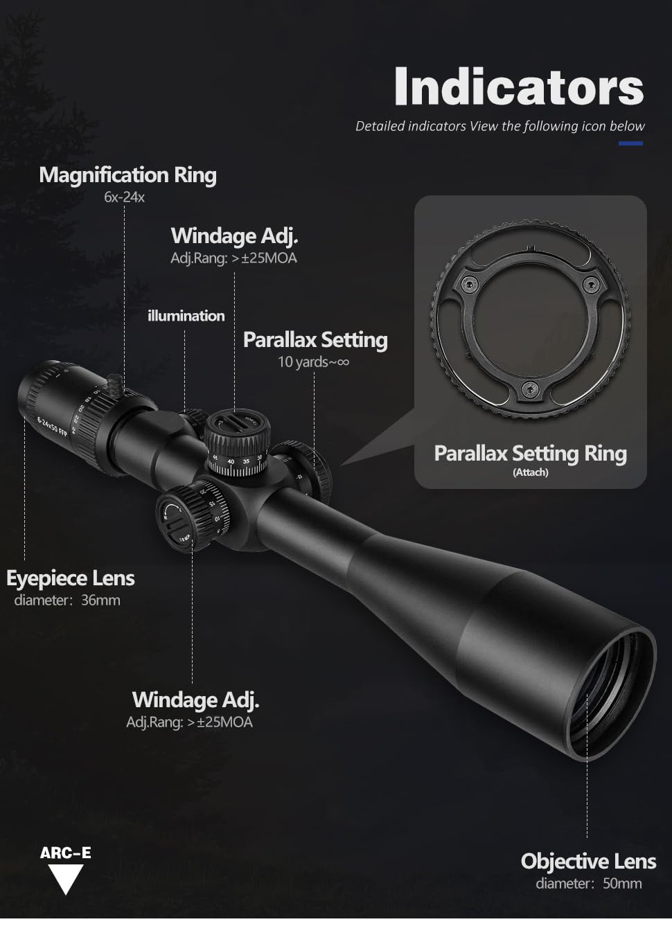 SPINA OPTICS 6-24x50 FFP First Focal Plane Riflescopes avec réticule Mil-Dot et réglage de la parallaxe, Pare-Soleil Inclus, étanche, Lunette de visée Noire antibuée, Tube de 30 mm