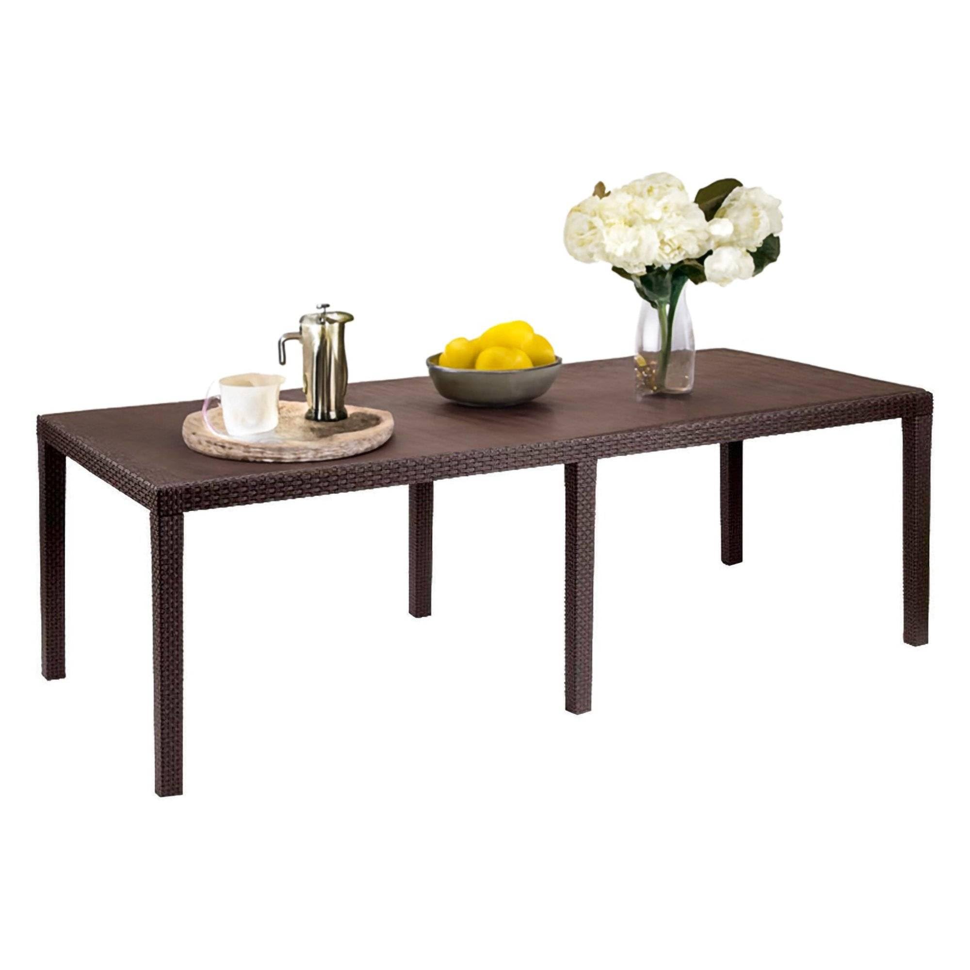 Dmora - Tavolo da esterno Roma, Ripiano rettangolare allungabile da pranzo, Tavolo da giardino estensibile effetto rattan, 100% Made in Italy, 150/220x90h72 cm, Marrone