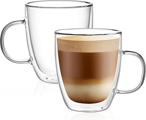 Miniatura 8 de CNGLASS Taza de café grande de vidrio de doble pared de 17 onzas, tazas de café de vidrio aisladas con asa, juego de 2