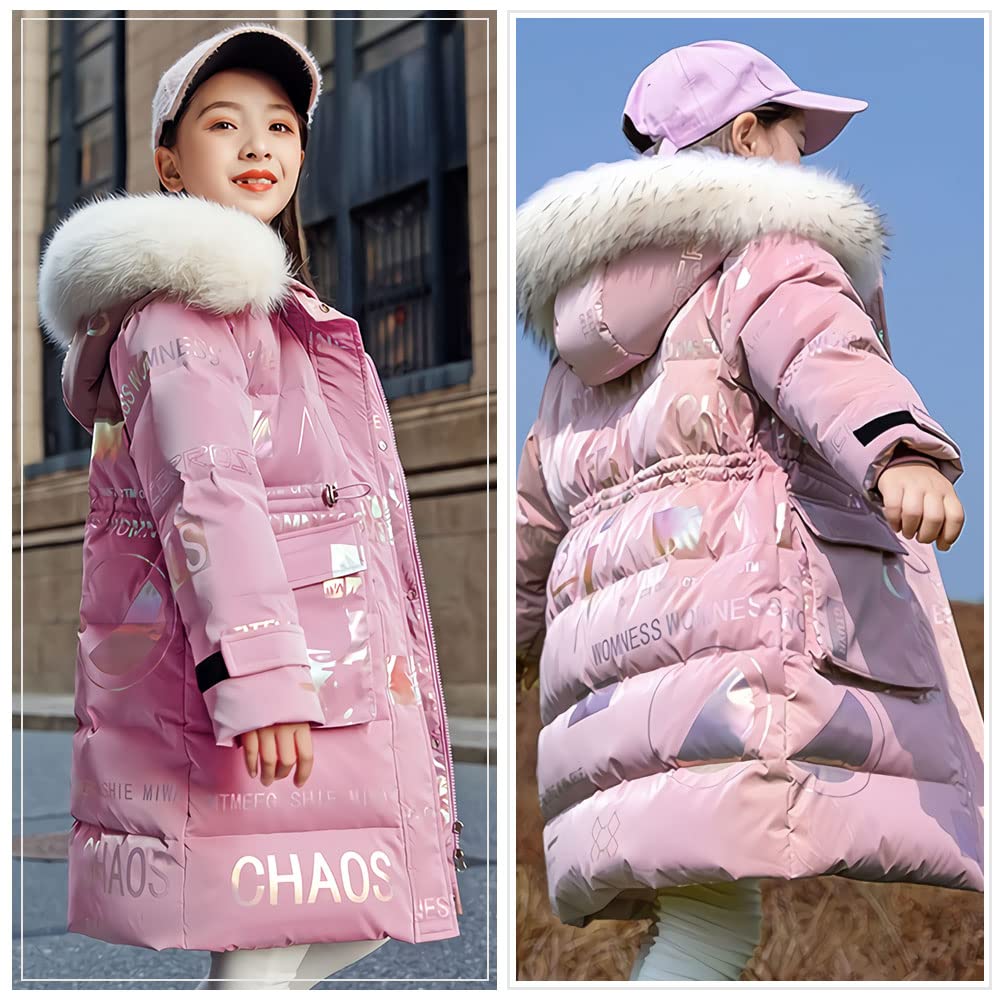 Dziewczęca długa kurtka puchowa z dużym futrzanym kołnierzem, ciepła kurtka zimowa, pogrubiona parka z kapturem, piękna kurtka outdoorowa z napisem, Rosa, 116 cm