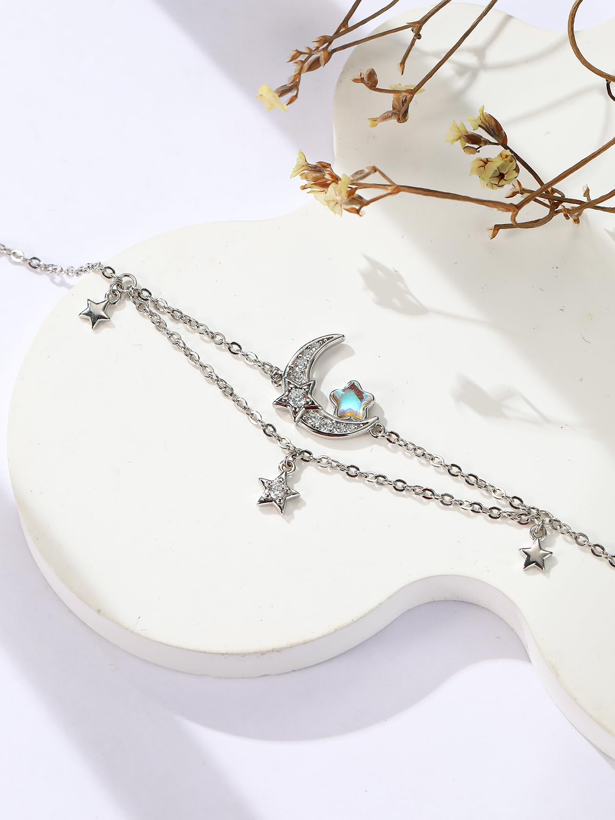 KINGWHYTE Mondstein Armband 925 Sterling Silber Mond und Stern Planet Armbänder Verstellbares Mondstein Armkette Geschichtete Schmuck Geschenk für Weihnachten Valentinstag