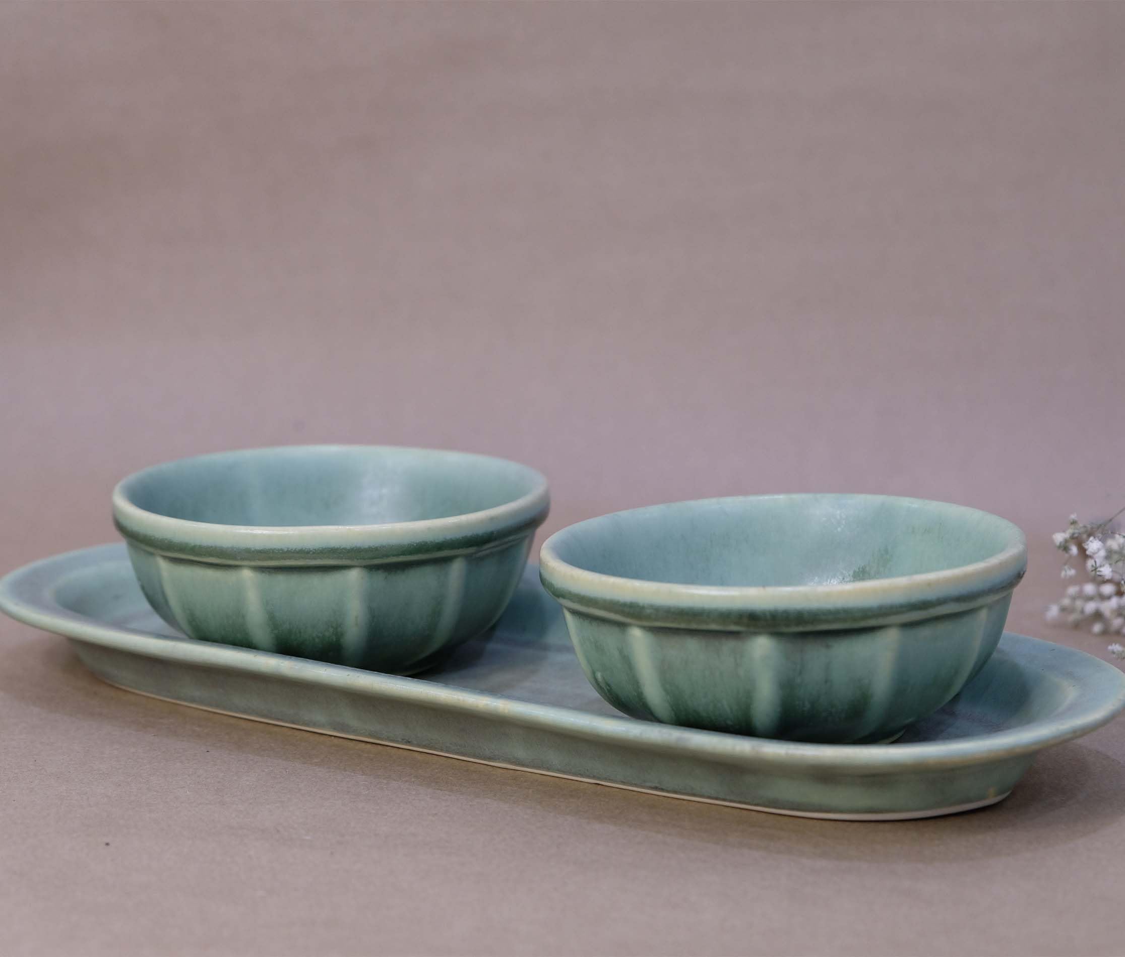 DESIGN GAATHA Dusty Jade Green Oval Platter with 2 Snack Bowl (Set of 3)