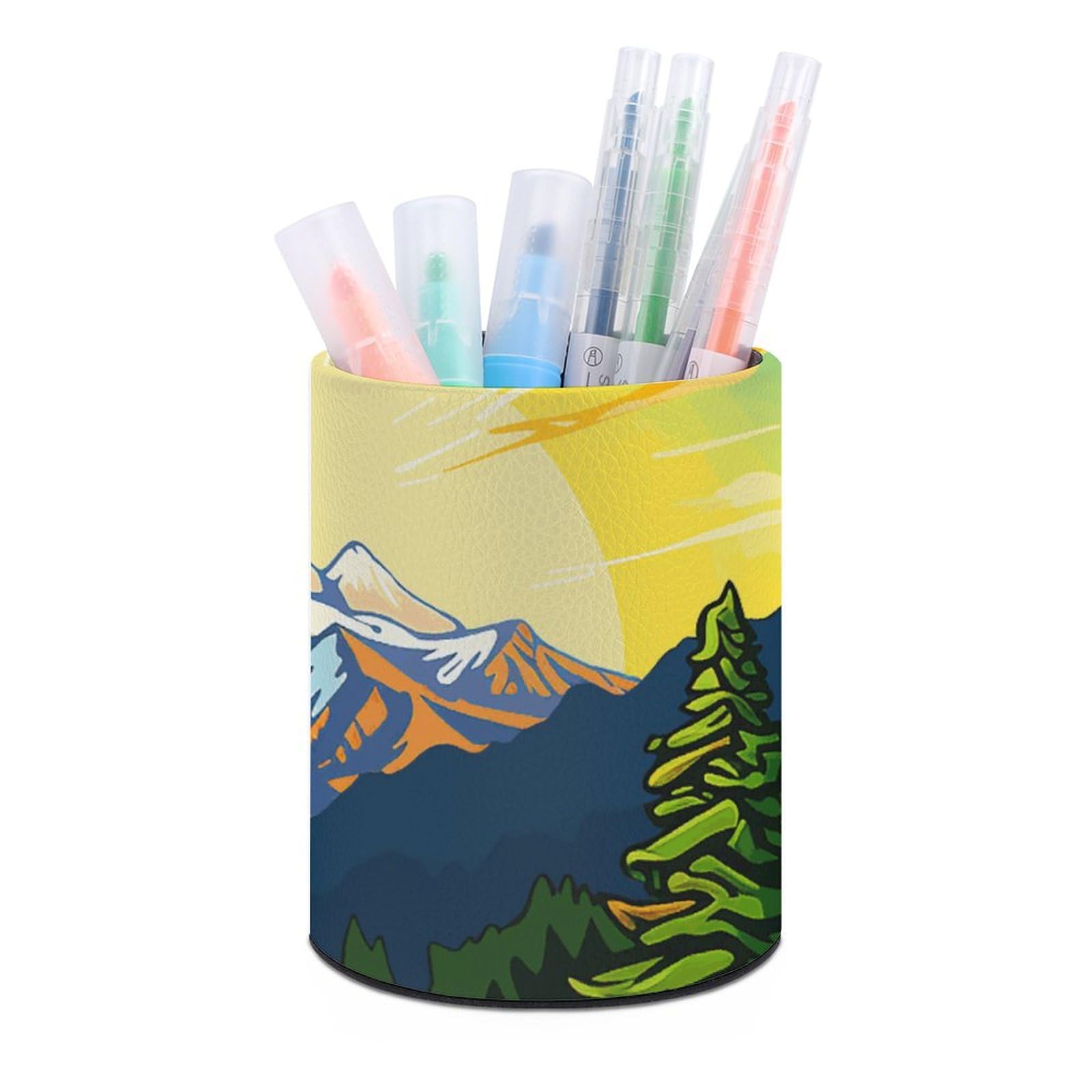 KLOPH PU Leather Pen Holder for Desk, Aesthetic Pencil Cup for Desktop, Makeup Brush Srotage for Pens Organizer Office Supplies, Green Mountains Pen Cup Pencil Caddy for Home Art Supply