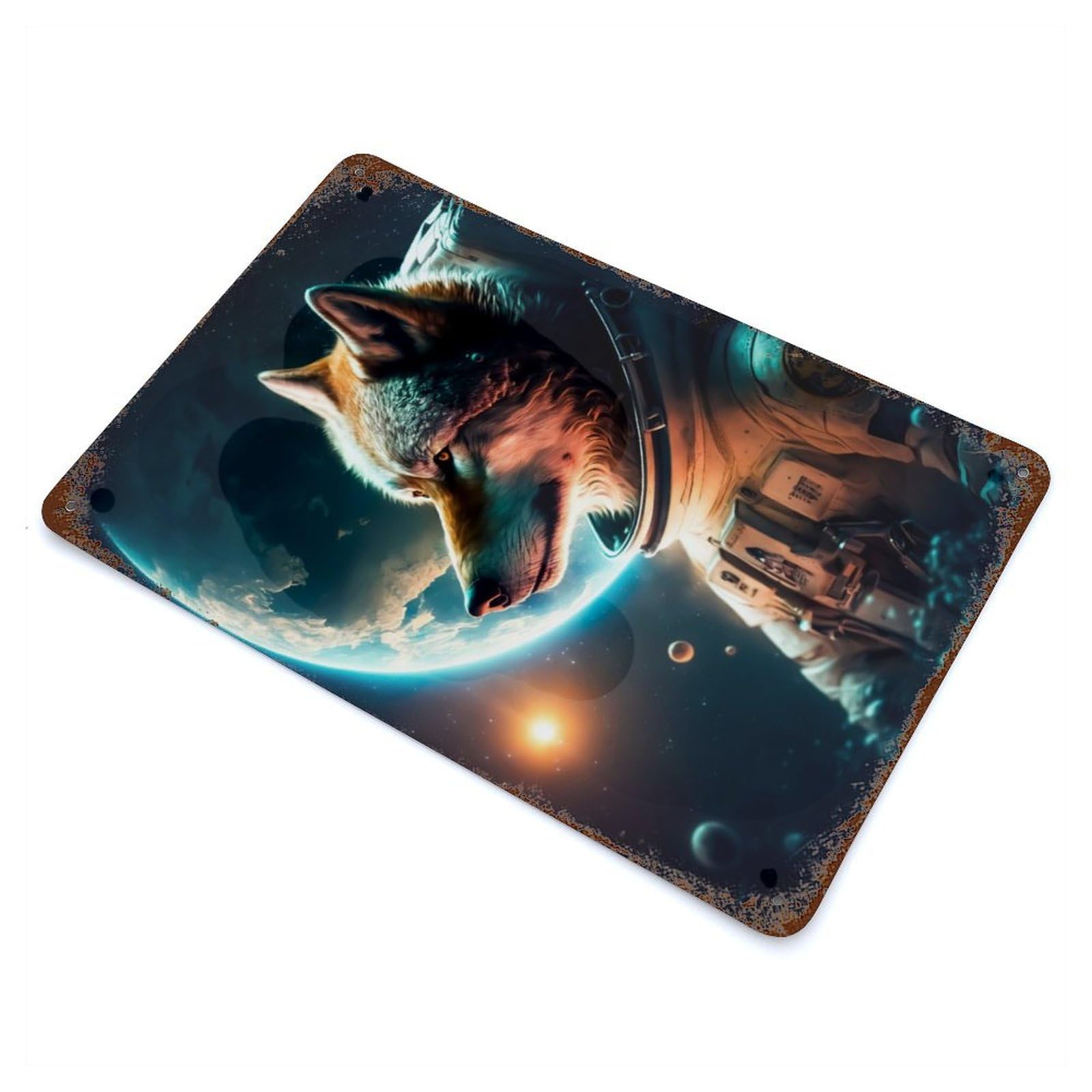 Garage Style Wolf Rust Effect Tin Sign 11.8"x7.9", Industrial Home Decor for Bar And Workshop