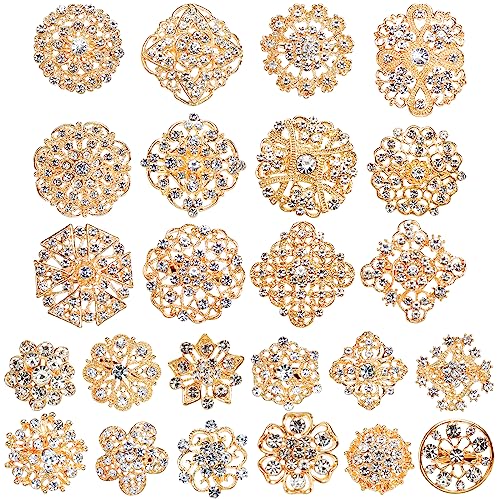 Hiceeden 24 Pieces Gold Crystal Brooches for Women, Rhinestone Brooches and Pins Flower Brooch for Crafts, Diamond Pins for Flower Wedding Bouquet Pins Set
