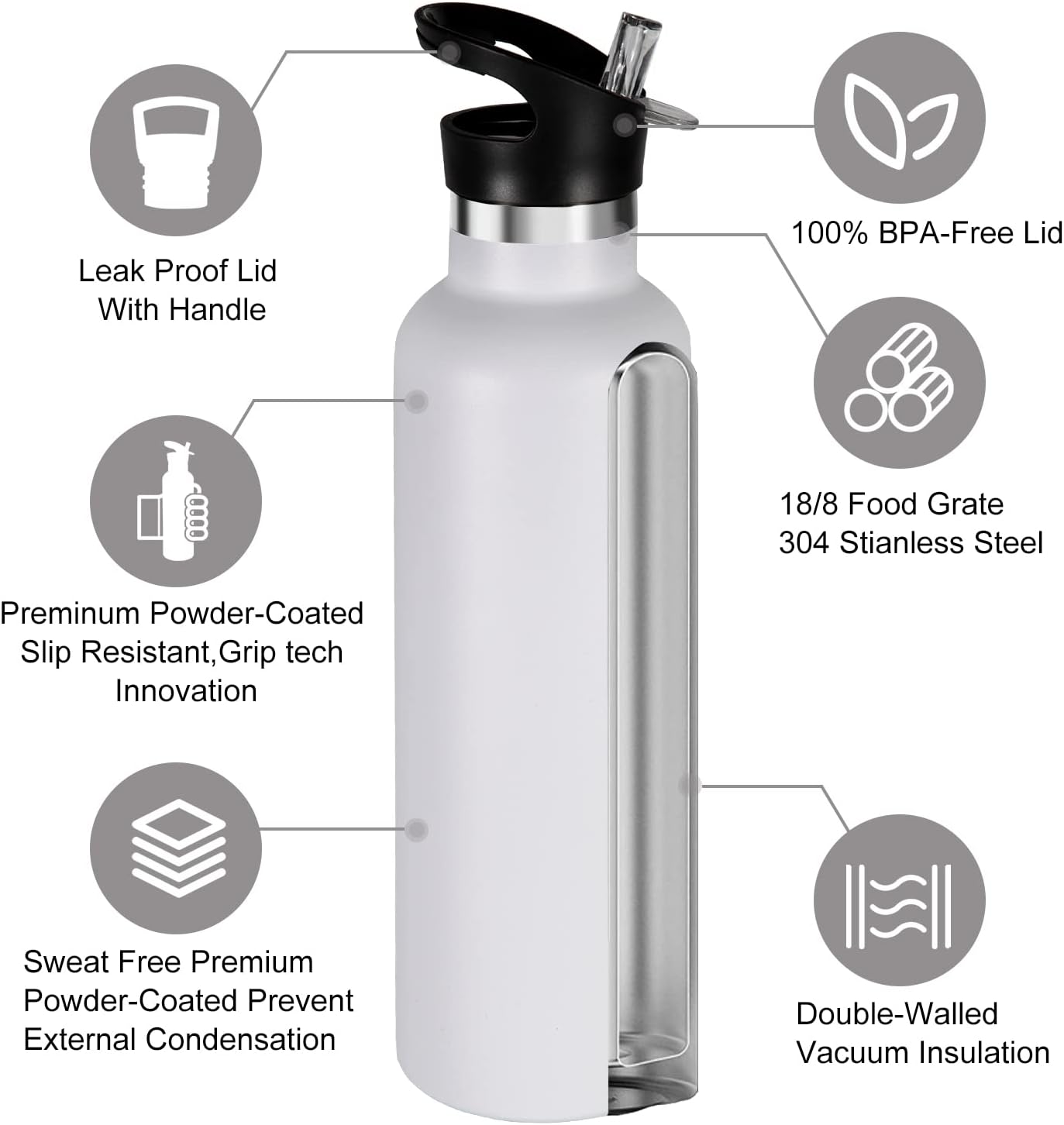Neihepal 24oz Insulated Water Bottles Bulk 8 Pack,Stainless Steel Double Wall Sport Bottle with Straw Lid,Metal Cup Reusable Thermoses with Hand Cap for School,Cyclists,Hikers,Gift (White,8 Count) - Image 3
