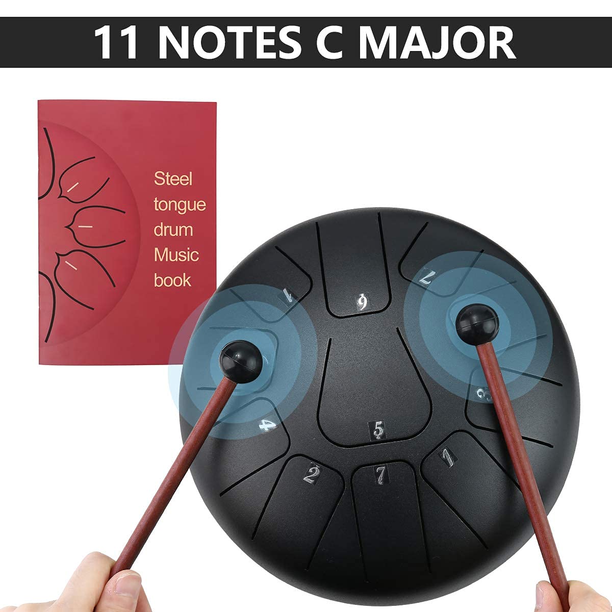10 Inch Steel Tongue Drum 11 Notes Matte Black Pan Drum with Travel Bag, Mallets, Drumstick Bracket, Knocking Finger Picks and Music Book,Elegant Creative Handpan Drum