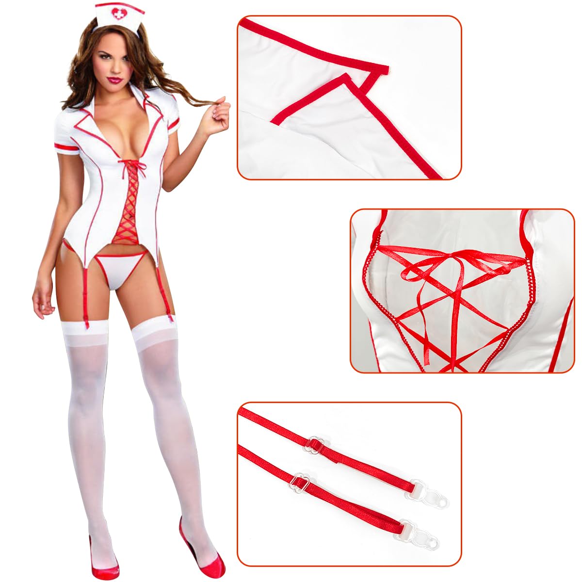 Set di Lingerie Sexy da Donna Infermiera Cosplay, Senza Schienale Pigiameria Babydoll Biancheria da Notte, Infermiera Cattiva Gioco di Ruolo Mini Vestito Costume per San Valentino