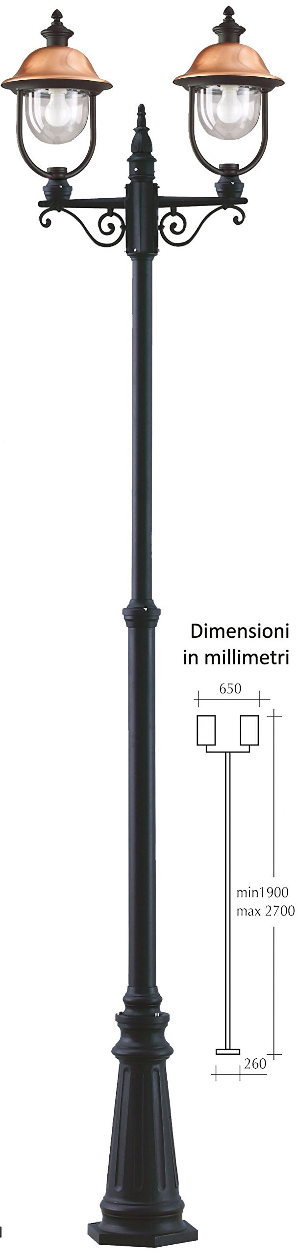 Palo con 2 lanterne - con copertura in RAME - colore NERO - altezza Max 270cm.