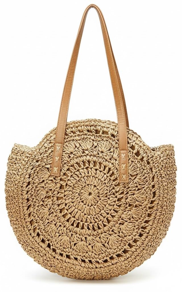 Women's Large Round Straw Bag - Handmade Woven Boho Beach Tote, Stylish Summer Shoulder Crochet Handbag for Vacation, Travel & Casual Wear-picture-19