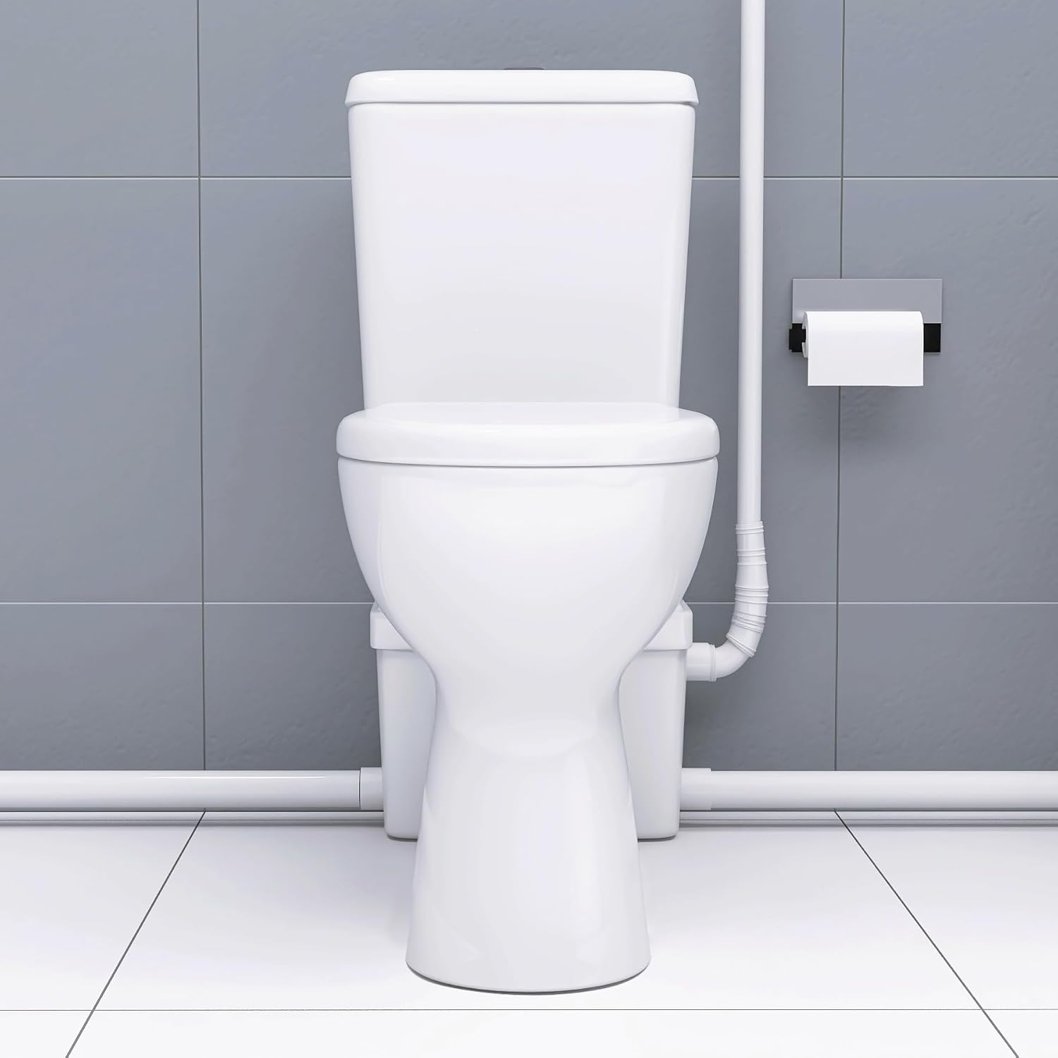 WinZo Macerator Pump Two Piece Toilet Upflush System for Basement Extra Tall 19" Comfort Bowl With Dual Flush Toilet Tank & Pump for Sink, Toilet, Bathtub, White (750W Macerating Toilet)
