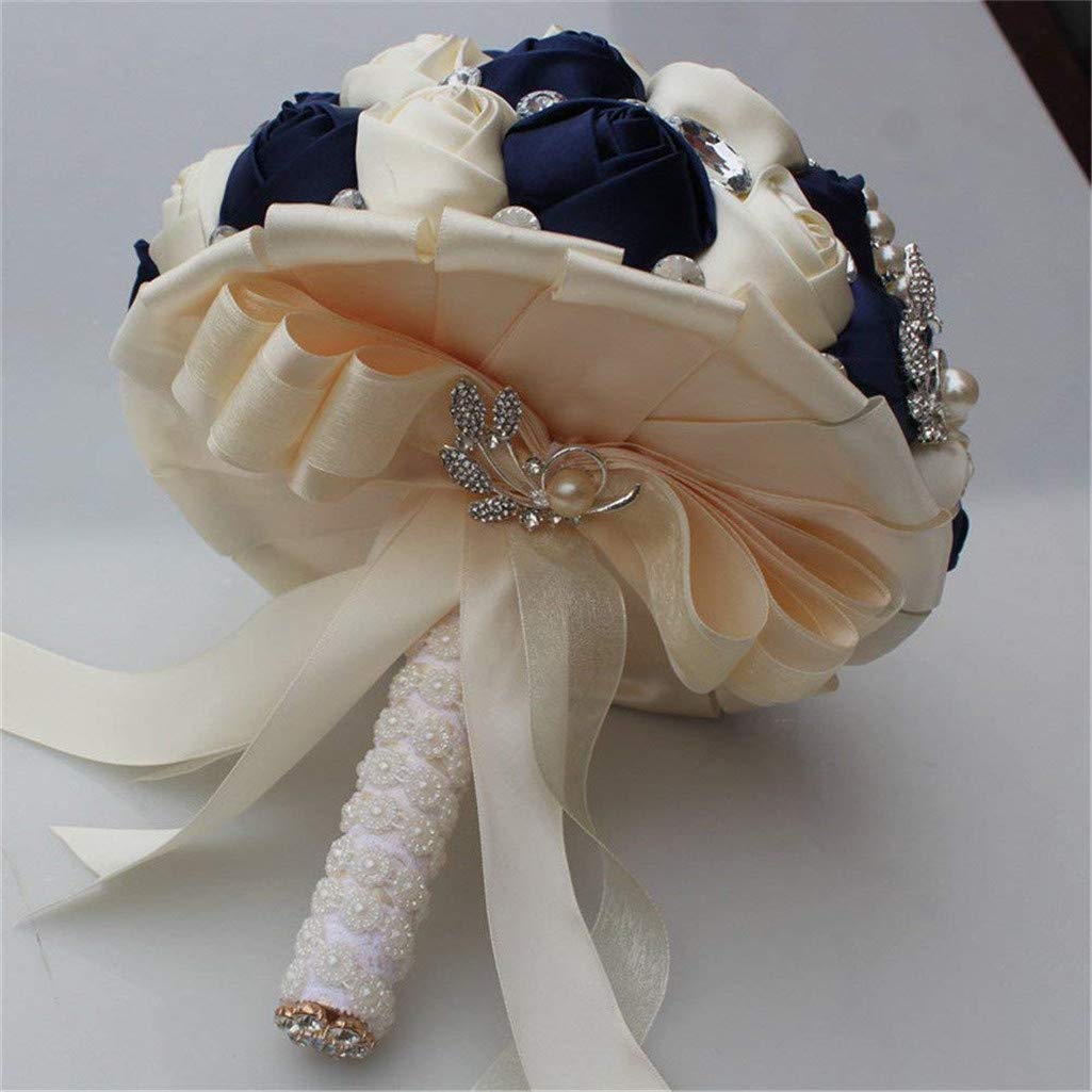 Handgemachte Brosche Brautstrauß Braut Satin Rosen Blumen Strass Perlen Blumensträusse Hochzeit Strauß Künstliche Blumen Blumenstrauß künstlicher Rosenstrauß Deko (Navy Cremig)