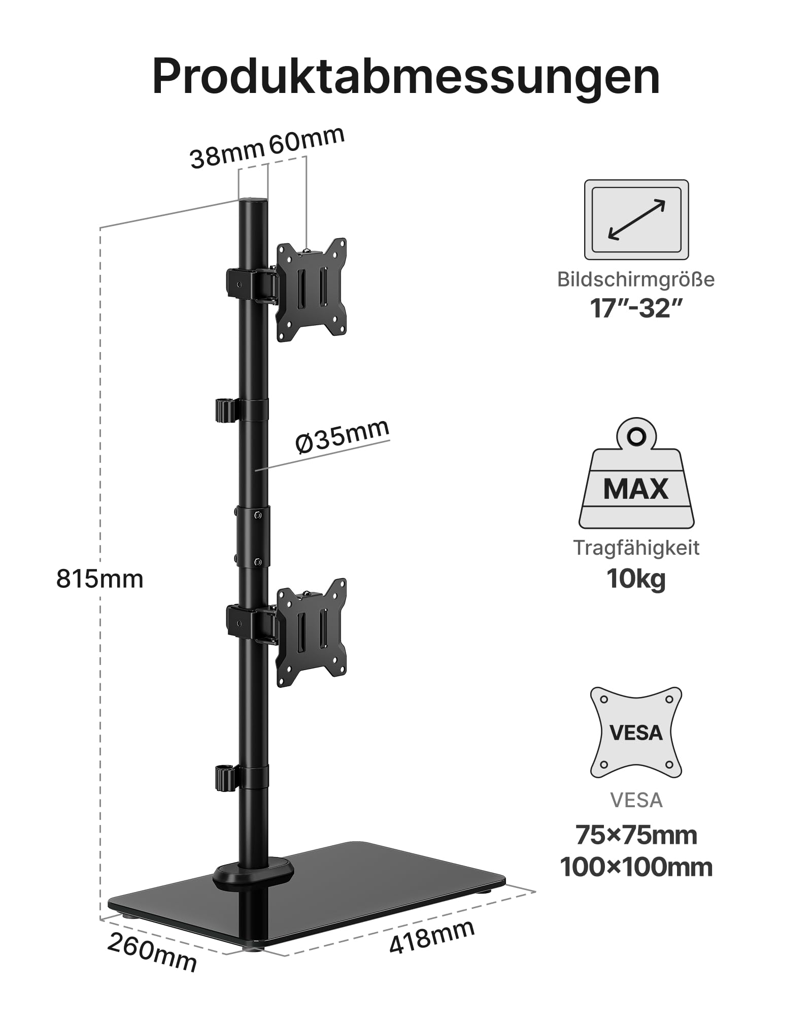 monTEK Supporto verticale Monitior 2 Monitiore con base in vetro per schermi da 17-32 pollici, portata massima 10 kg per braccio, supporto per monitor autoportante, completamente mobile e regolabile