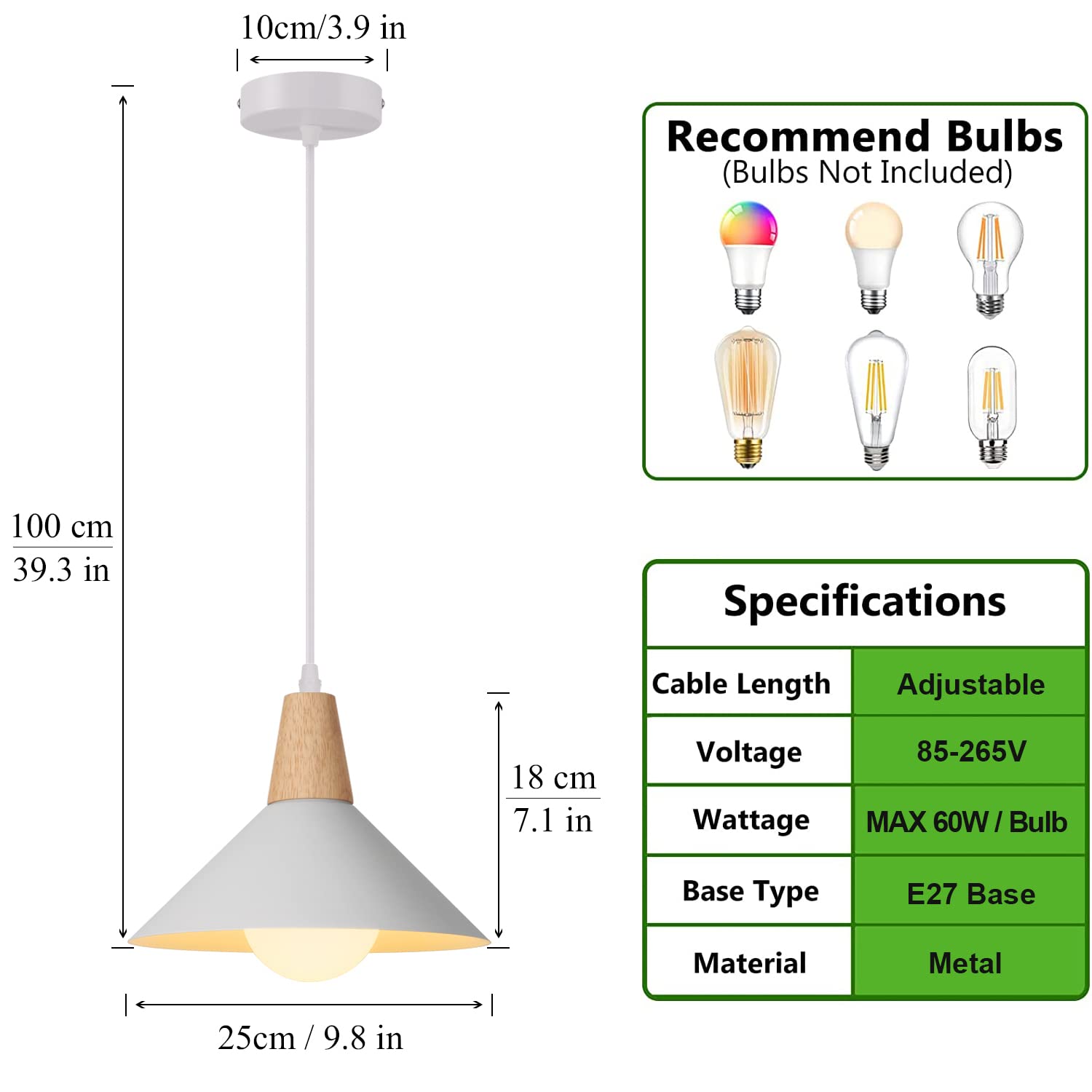 Lampada a Sospensione Retrò LED Lampada a Soffitto in Legna Metallo Moderna Lampadario a Scandinavo Plafoniera per Soggiorno Sala Da Pranzo Camera,25cm (Bianco 2 Pezzi)