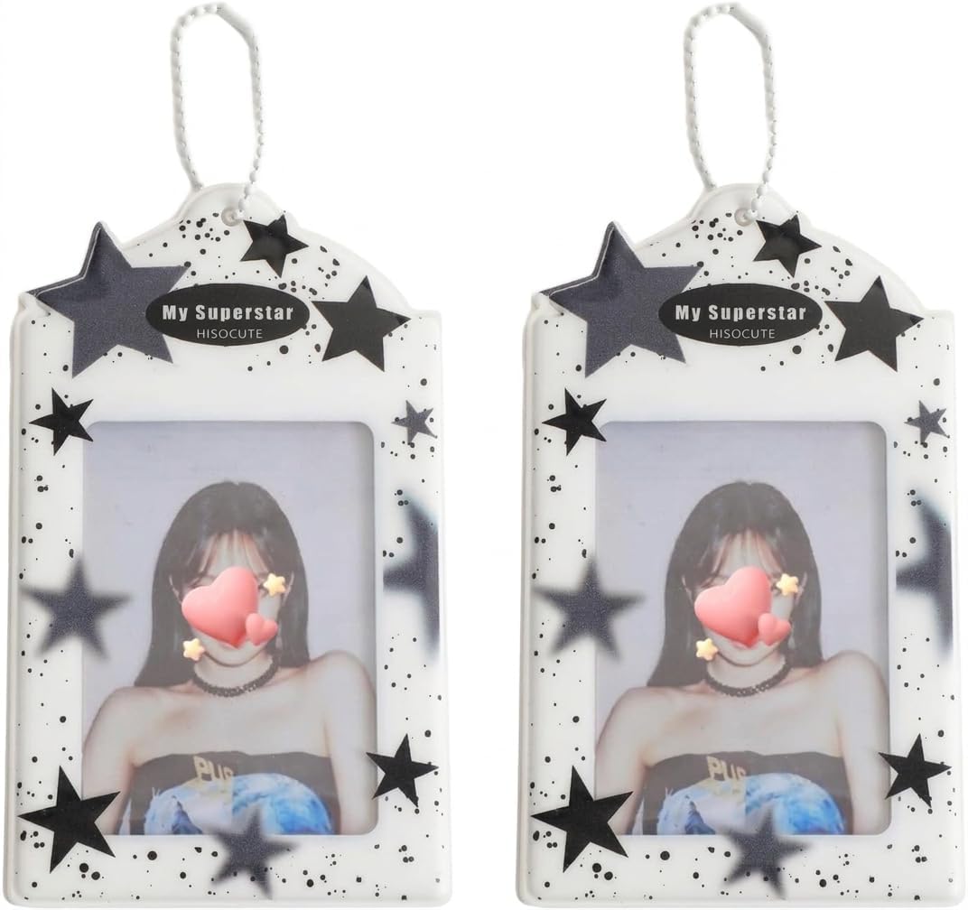 2Pcs Stars PVC Kpop Photocard Holder, 3 Inch Cute Clear Photo Card Case with Ball Chain, Photocard Holder with Keychain for Kpop Album Cards, ID Cards and Bank Cards, Card Cover Protective Case