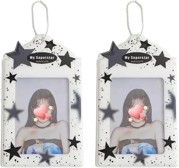 2Pcs Stars PVC Kpop Photocard Holder, 3 Inch Cute Clear Photo Card Case with Ball Chain, Photocard Holder with Keychain for Kpop Album Cards, ID Cards and Bank Cards, Card Cover Protective Case