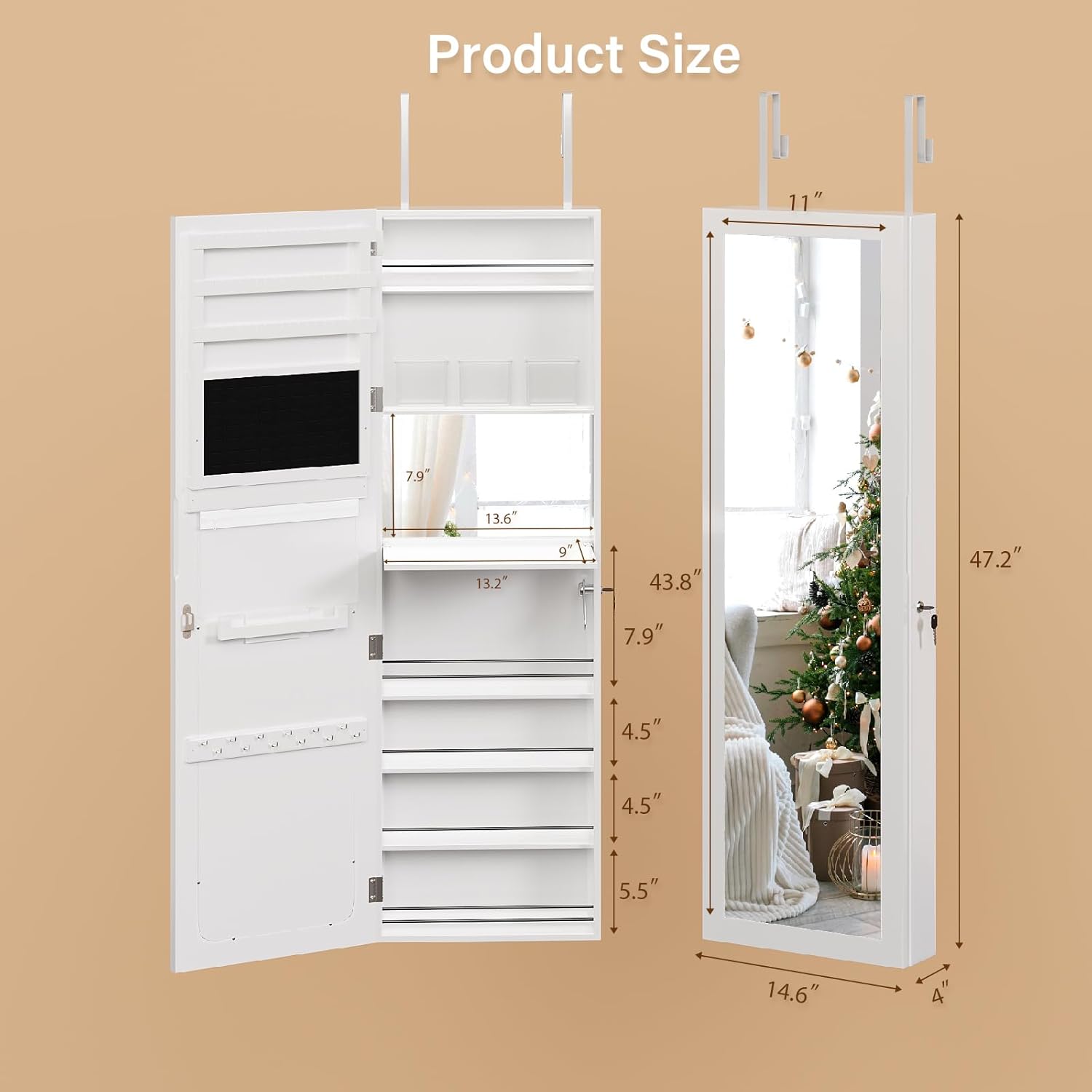 Bonnlo Jewelry Armoire Organizer with Mirror, Space-Saving 2 in 1 Wall Mounted/Door Hanging, Jewelry Cabinet with Keys, Bedroom Bathroom Cosmetics Storage Cabinet with 6 Shelves (Modern White)