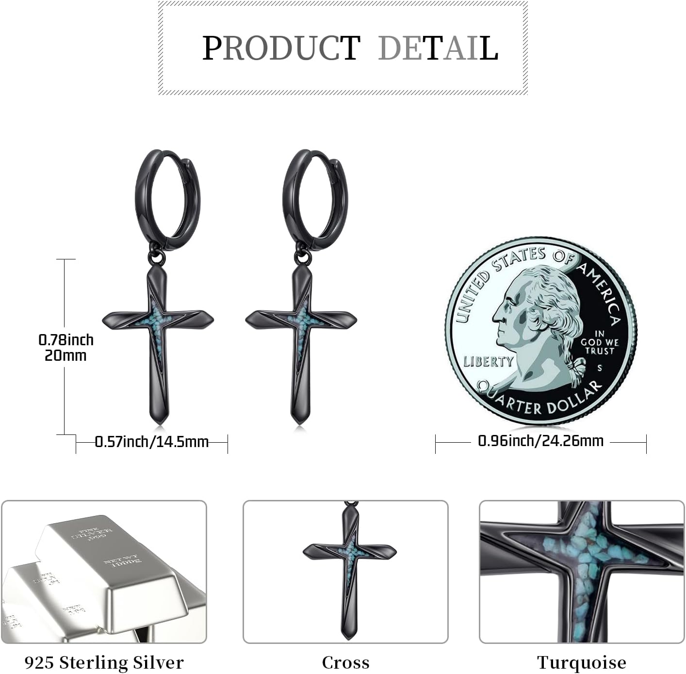 Black Dangle Drop Earrings 925 Sterling Silver Turquoise Earrings Jewelry Gifts for Women Men - Image 3