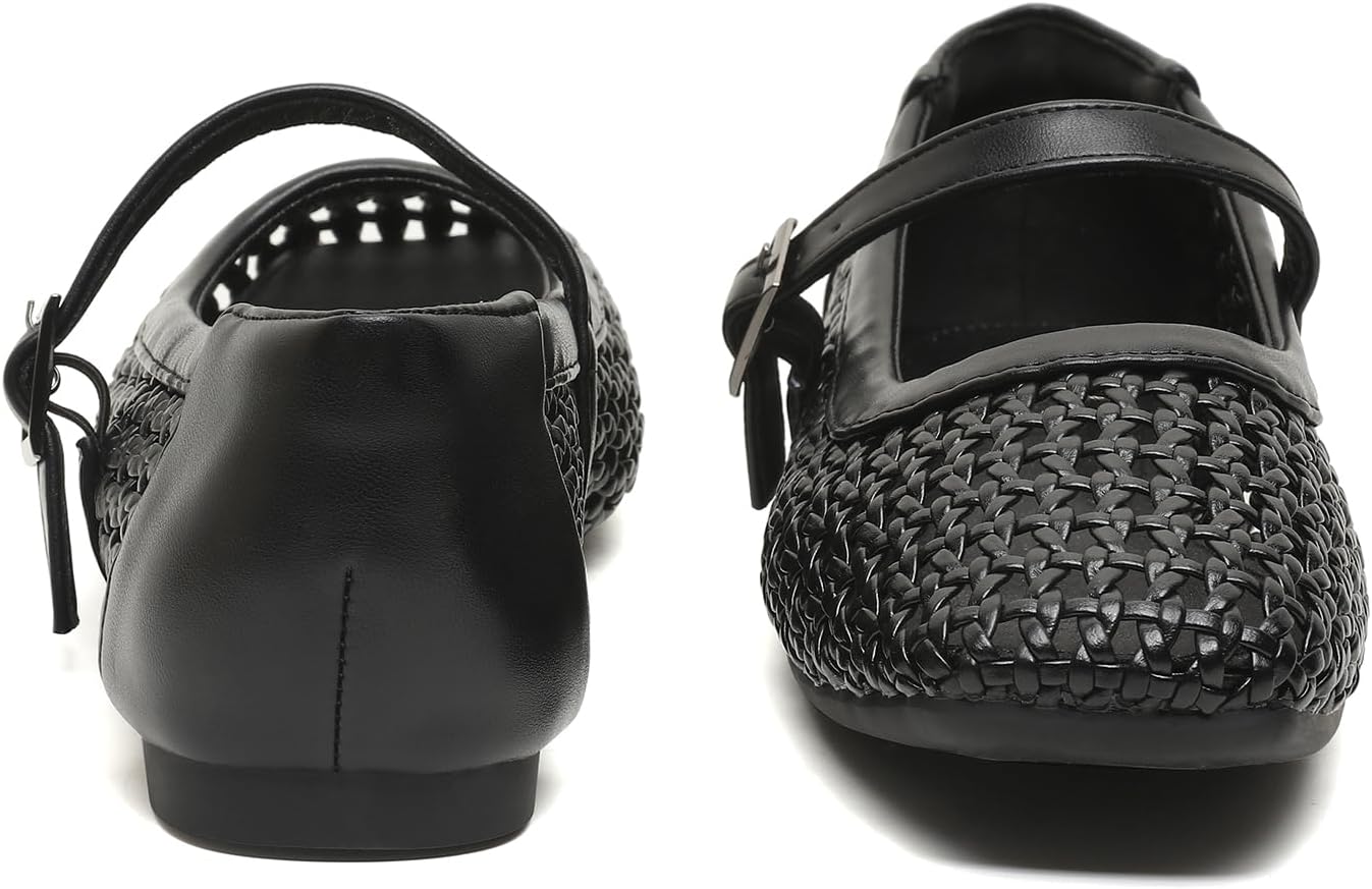 Yozuru Womens Woven Ballet Flats Mesh Mary Jane Shoes Dressy Squared Toe Comfortable Buckle Strap Casual Leather Flats for Women - Image 5