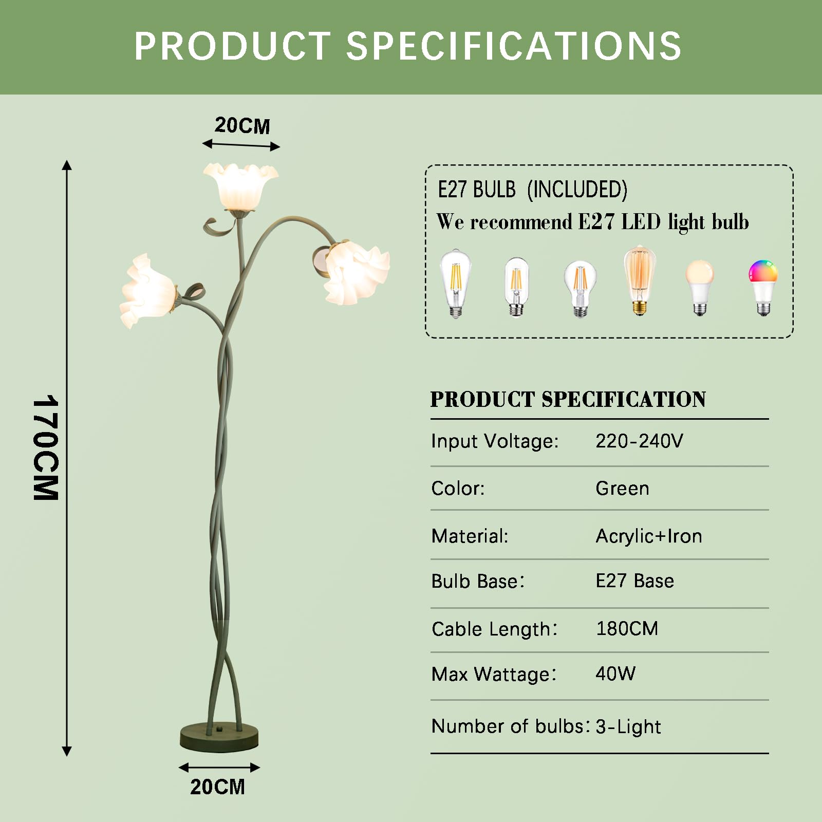 GrüNe Stehlampe Wohnzimmer,Europäische DIY Eisen Stehlampe Mit 3 Drehbaren Blumen,170 Cm Moderne Floor Lamp Geeignet FüR Schlafzimmer,Wohnzimmer,Arbeitszimmer,BüRo,Inklusive 3 GlüHbirnen