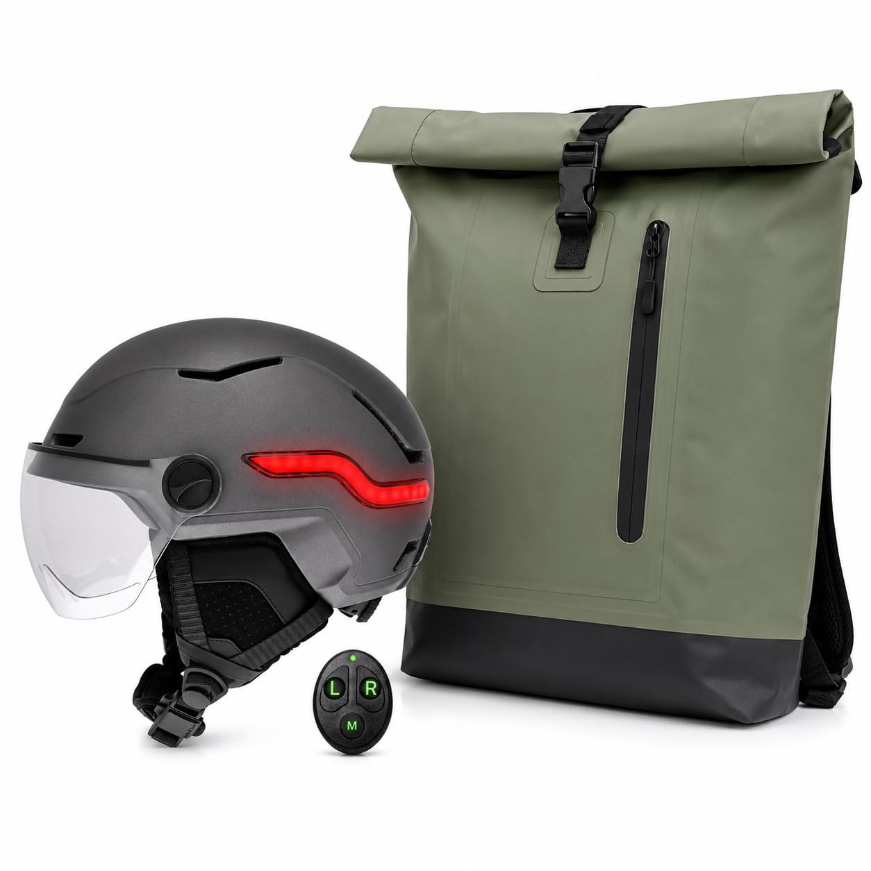 Pack Casque Vélo Connecté avec LED et Clignotants + Sac à Dos Imperméable 25L