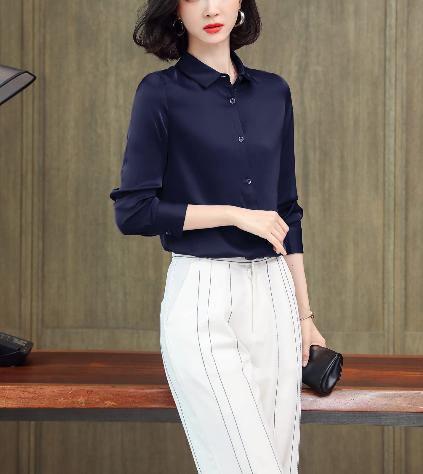 E-girl Blusa de seda para mujer, camisa de seda sólida, con botones, blusa de manga larga, solapa de seda, S3367