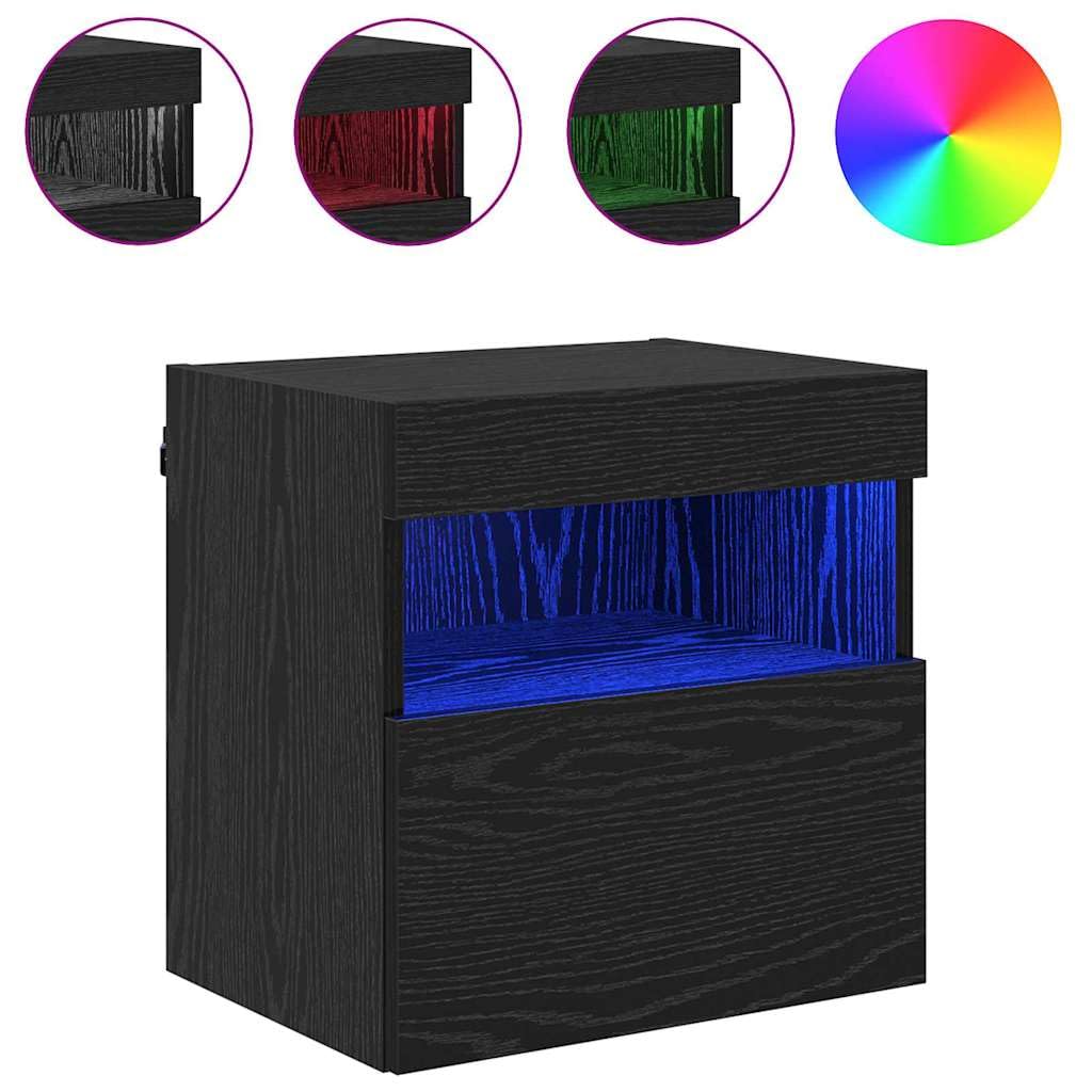 Étagère murale pour TV, aspect chêne, noire, 40 x 30 x 40 cm, en matériau du bois, support TV flottant, avec éclairage LED, console multimédia pour salon, chambre à coucher, centre de