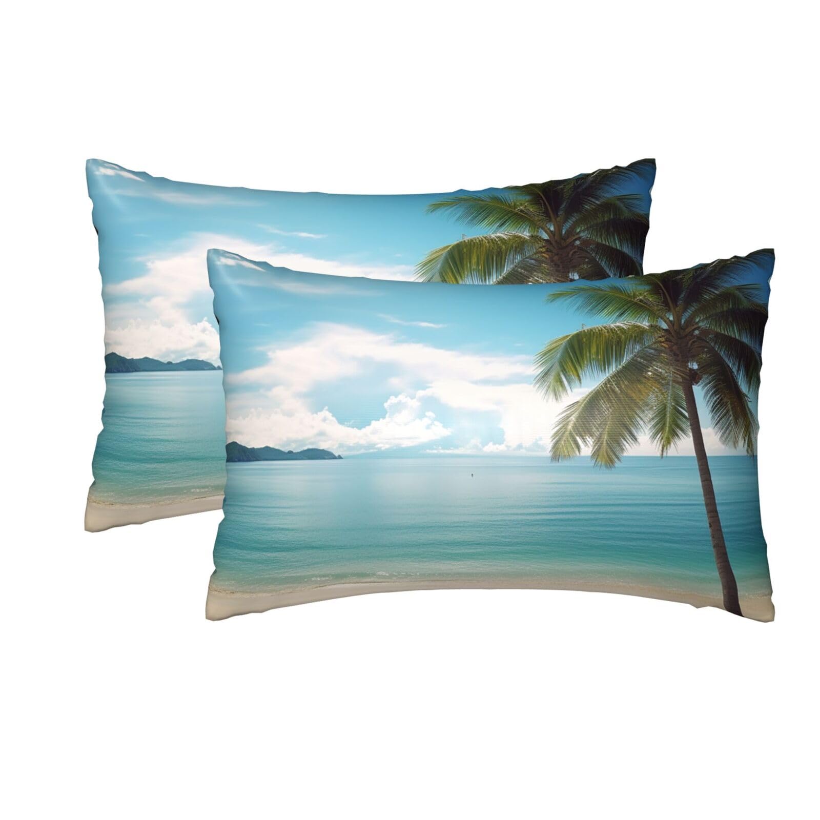 2 Pack Queen Silk Pillow Cases with Hidden Zipper, Luxury Soft Satin Pillow Covers for Hair and Skin, Beach and Palm Tree Pillowcases 20"x30" Bed Pillow Protectors Cover for Sleeping Gifts