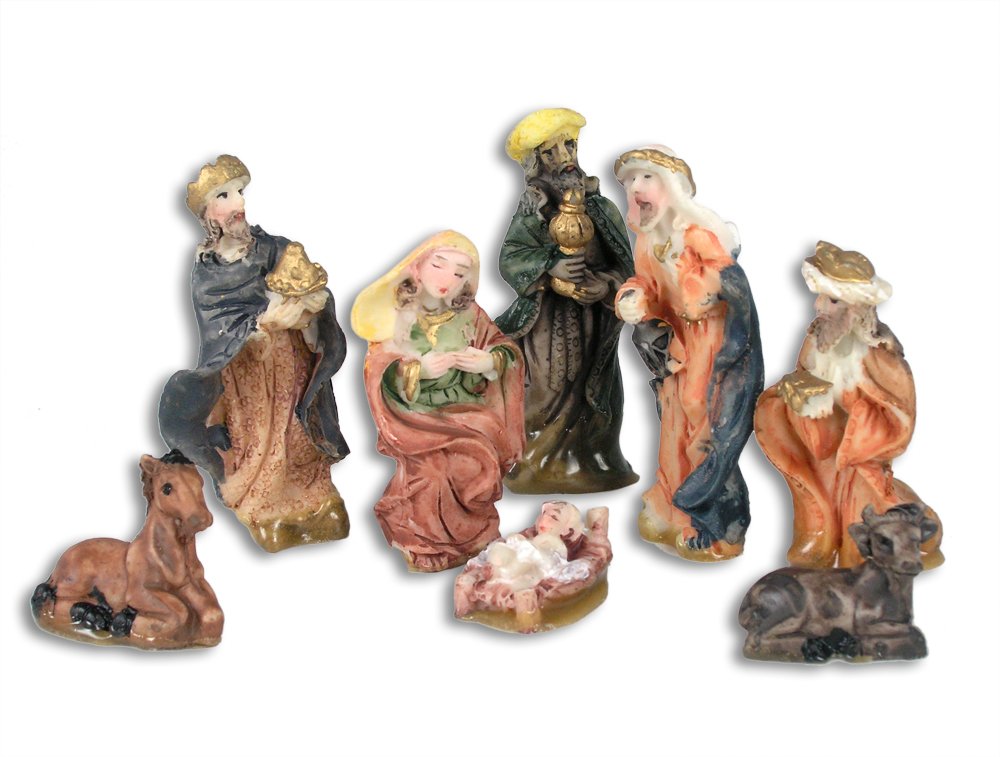 Nativity Set of 8 Durable Hand Painted Poly Stone Figures Measures 1/2" to 3" High