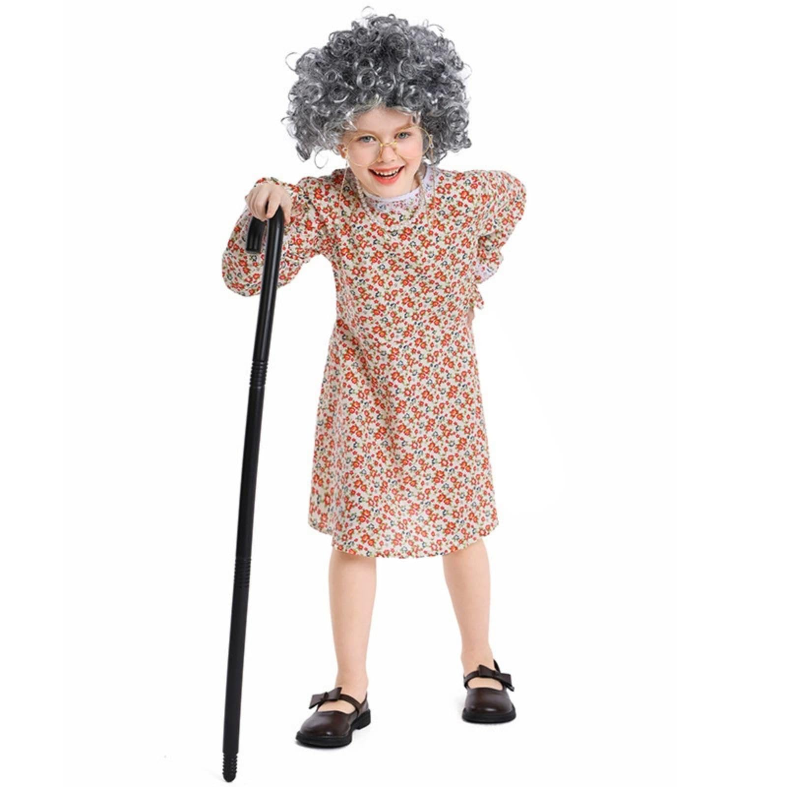 RRCBMD Old Lady Costume for Girls 6PCS Grandma Dress with Wig 100th Day of School Costume Halloween Granny Cosplay Dress Up XL(14-16Y)