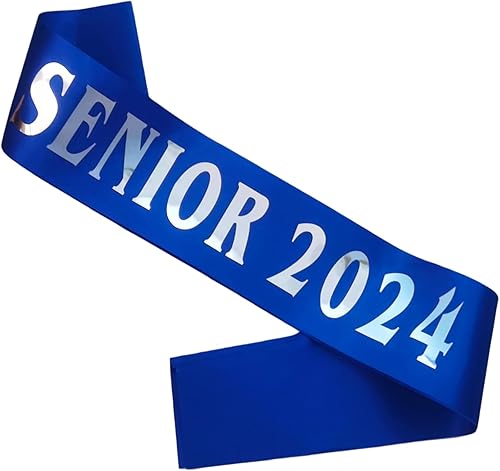 Senior 2024 - Banda azul real finalmente graduada con letras plateadas de aluminio para animadora de clase superior de 2024 para suministros de