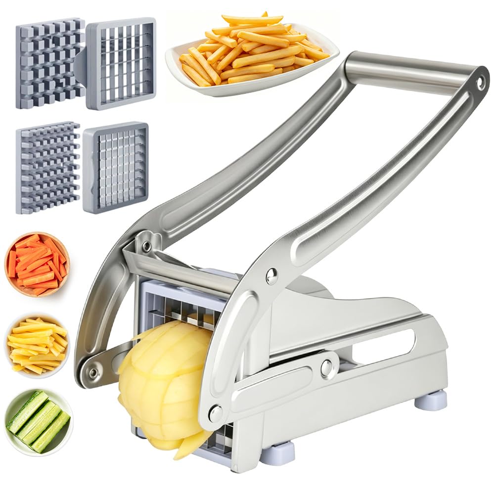 LOMUG Pommesschneider Edelstahl, Pommespresse, Kartoffelschneider Scheiben mit 2 Klingengrößen (36/64 Raster), Pommes Schneider Gerät mit Rutschfester Gummibasis, Pommes Maschine, Pommes Presse