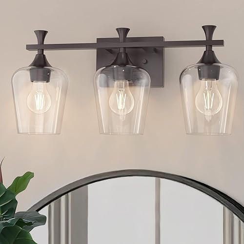 Miniatura 8 de Lámparas de tocador de baño de 3 luces, modernas luces de tocador de oro cepillado con vidrio de vino de alta transparencia para baño, lámpara de