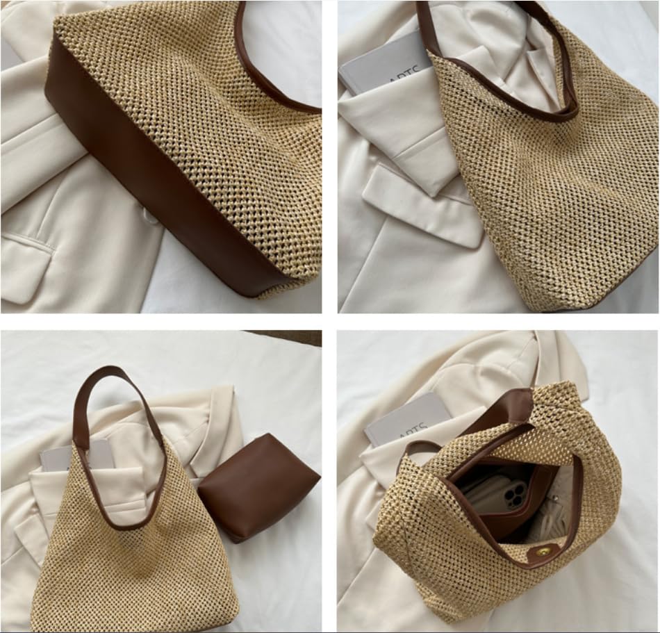 Beach Bags for Women, Summer Travel Mesh Tote Bag with makeup bag, Sandproof Woven Shoulder Handbag3