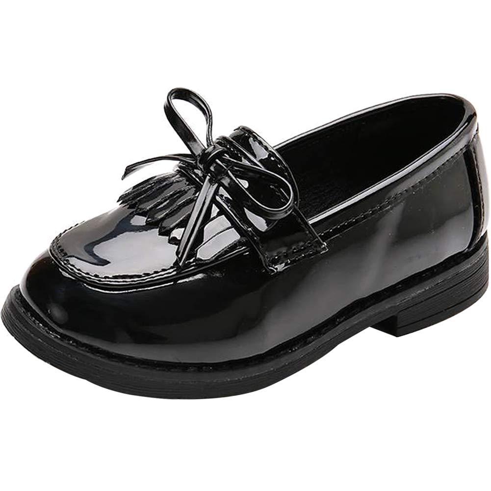 Mocassins Fille Cuir Vernis Bout Ronde Talon Plate Chaussures de Ville Ecole Franges Oxford Noir Bordeaux Argent