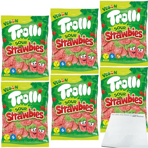 usy Bundle für Trolli Sour Strawbies sauer gezuckerte Fruchtgummi-Erdbeeren 6er Pack (6x150g Packung) + usy Block