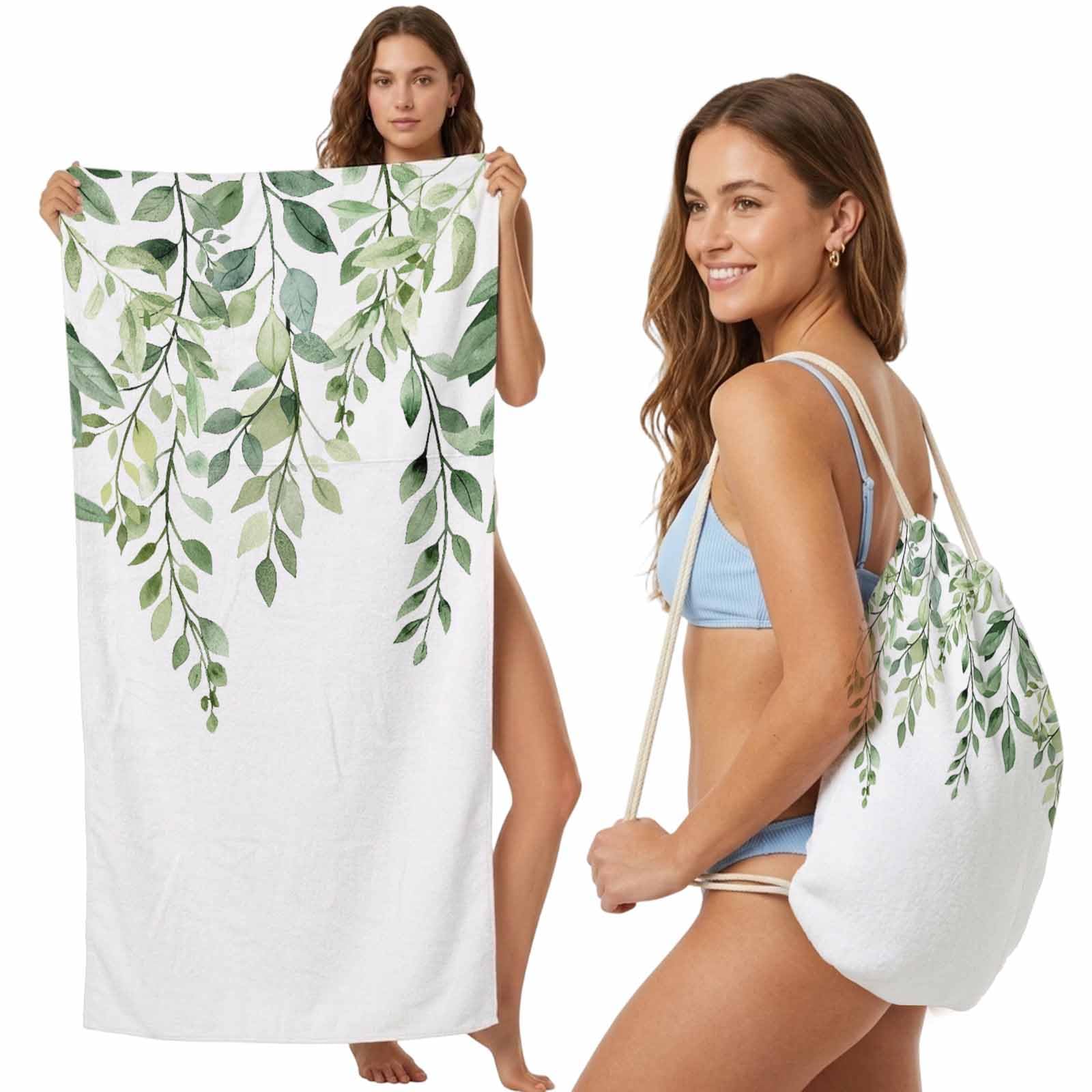 FWJZDSP Beach Towel Backpack Convertible Sage Green Sand Free Quick Dry Towel Bag Eucalyptus Leaves Beach Towel with Adjustable Straps for Travel Swimming Pool Beach Accessories 31.5x63in