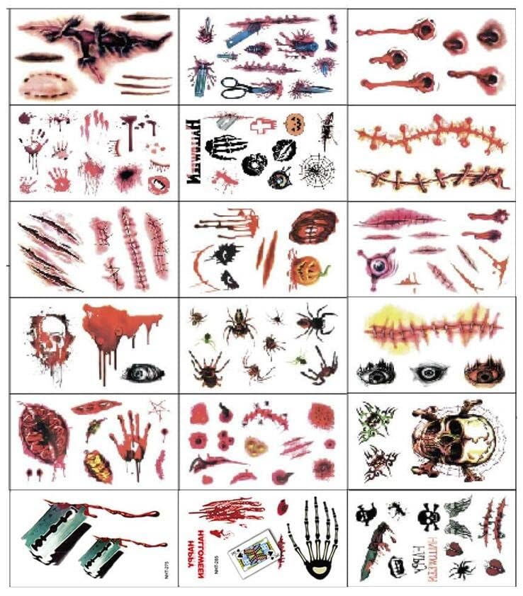 Tatuajes de cicatrices de Halloween, 18 hojas realistas de terror para heridas de sangre falsas, tatuajes temporales, kit de maquillaje de zombies,