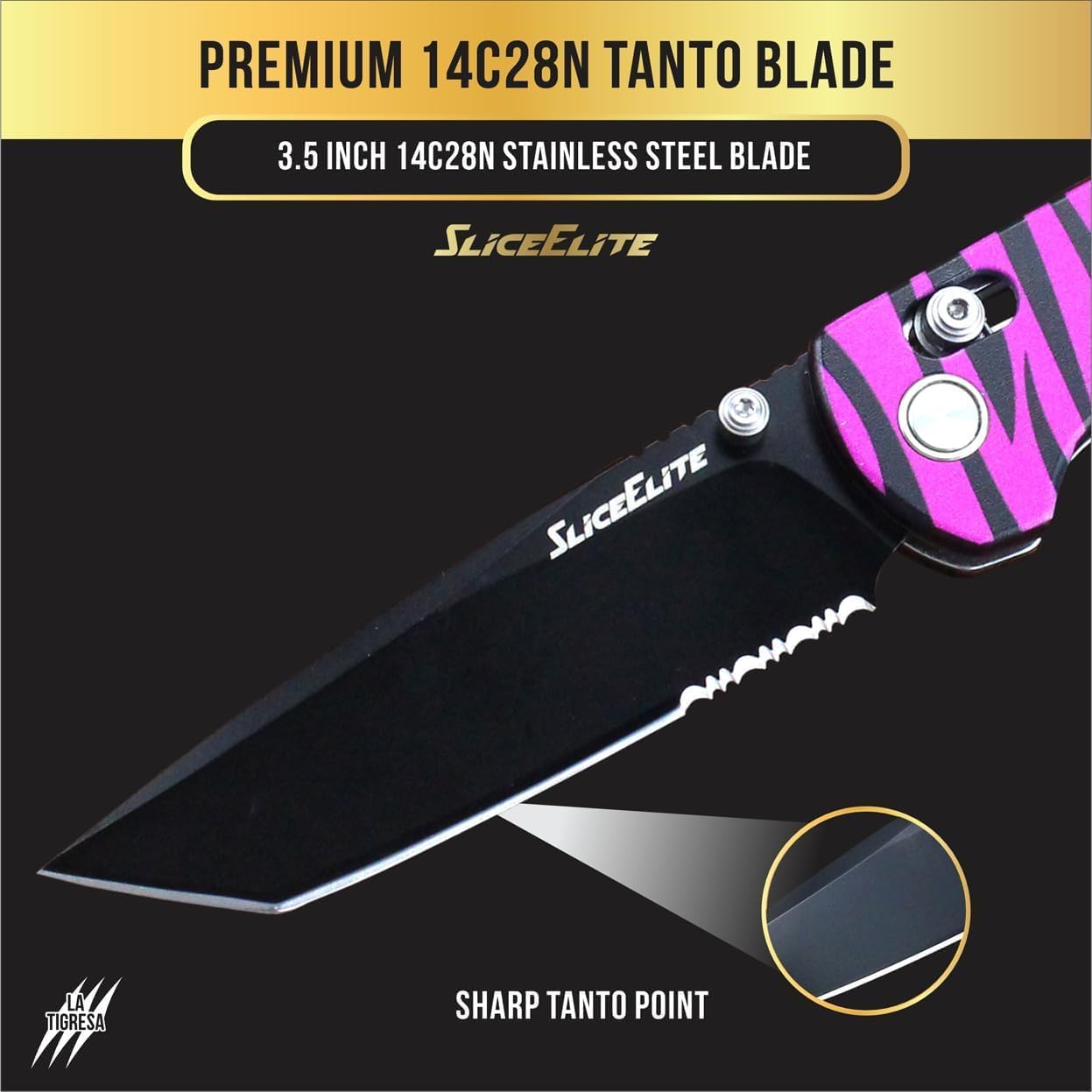 SliceElite La Tigresa EDC Pocket Knife 14C28N Stainless Tanto Serrated Blade Black Titanium PVD Finish Crossbar Lock Pink Tiger Stripe Aluminum Handle Folding Knife Outdoor Camping Hunting Survival